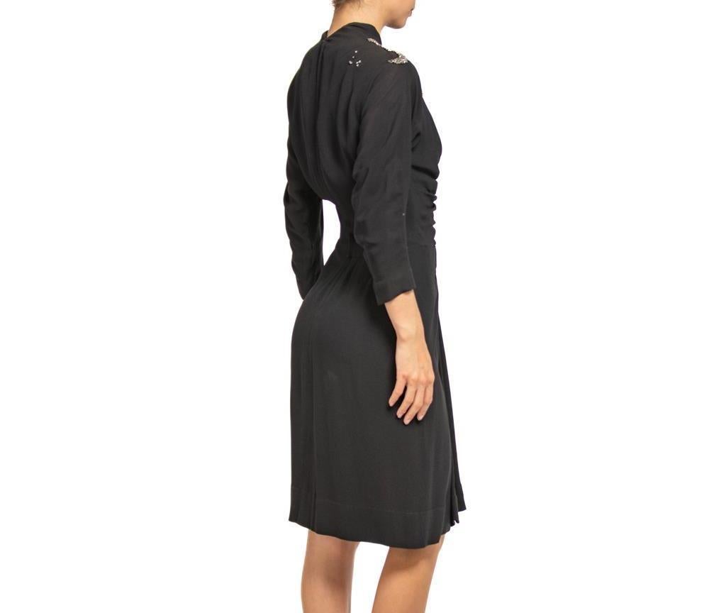 1940S HOWARD GREER Black Silk Crepe Cocktail Dress With Beaded Shoulder Detail For Sale 3