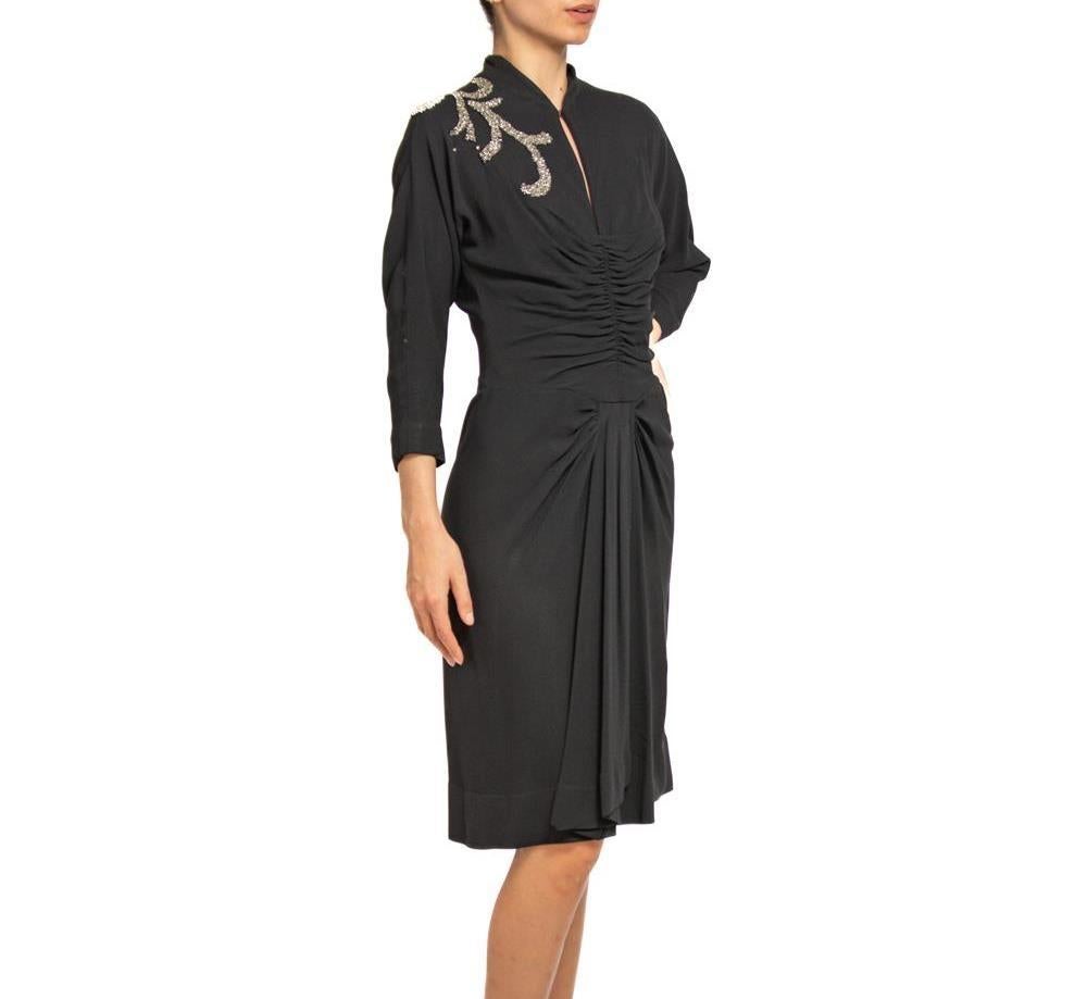 1940S HOWARD GREER Black Silk Crepe Cocktail Dress With Beaded Shoulder Detail For Sale 5