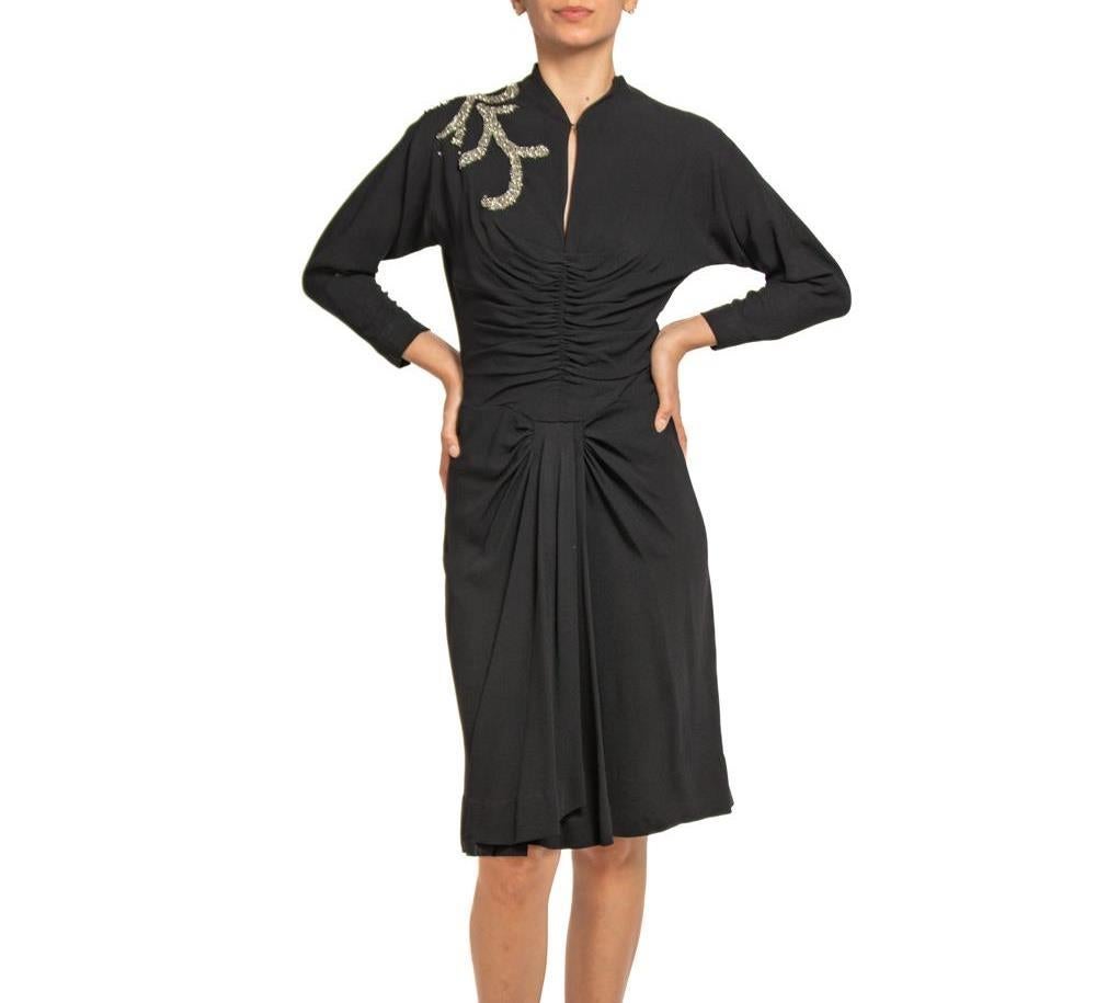 1940S HOWARD GREER Black Silk Crepe Cocktail Dress With Beaded Shoulder Detail For Sale 6