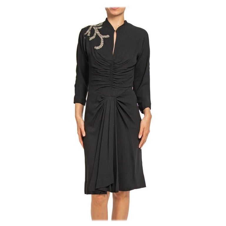1940S HOWARD GREER Black Silk Crepe Cocktail Dress With Beaded Shoulder  Detail