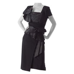 1940S HOWARD GREER Silk Crepe Short Sleeve Cocktail Dress With Taffeta Bands &