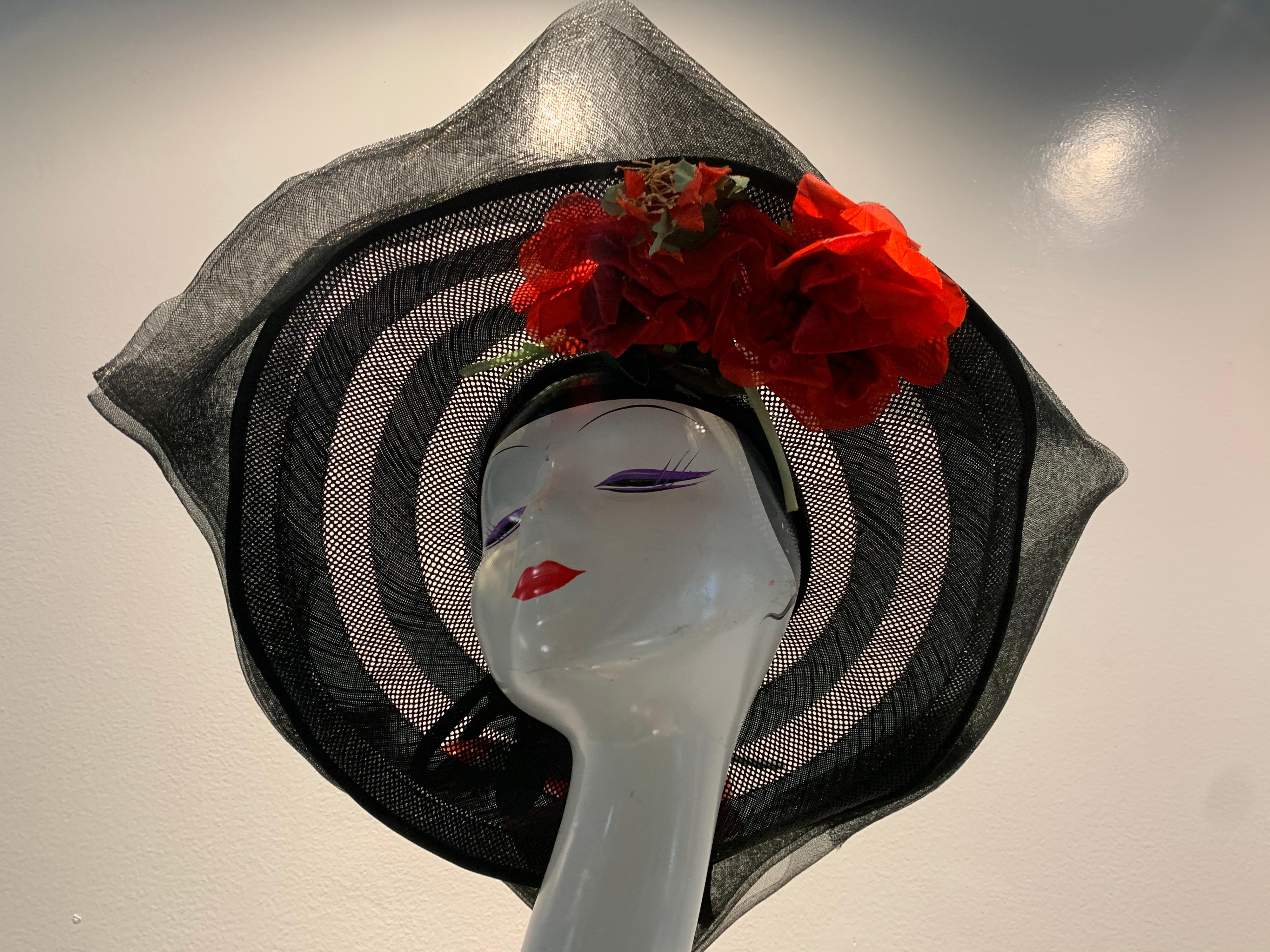 1940s Howard Hodge black horsehair braid picture hat with ruffled asymmetric brim, velvet band and vibrant red silk poppies at side. Rounded high crown. Originally sold at Vandervoorts - French Room. Size Medium.