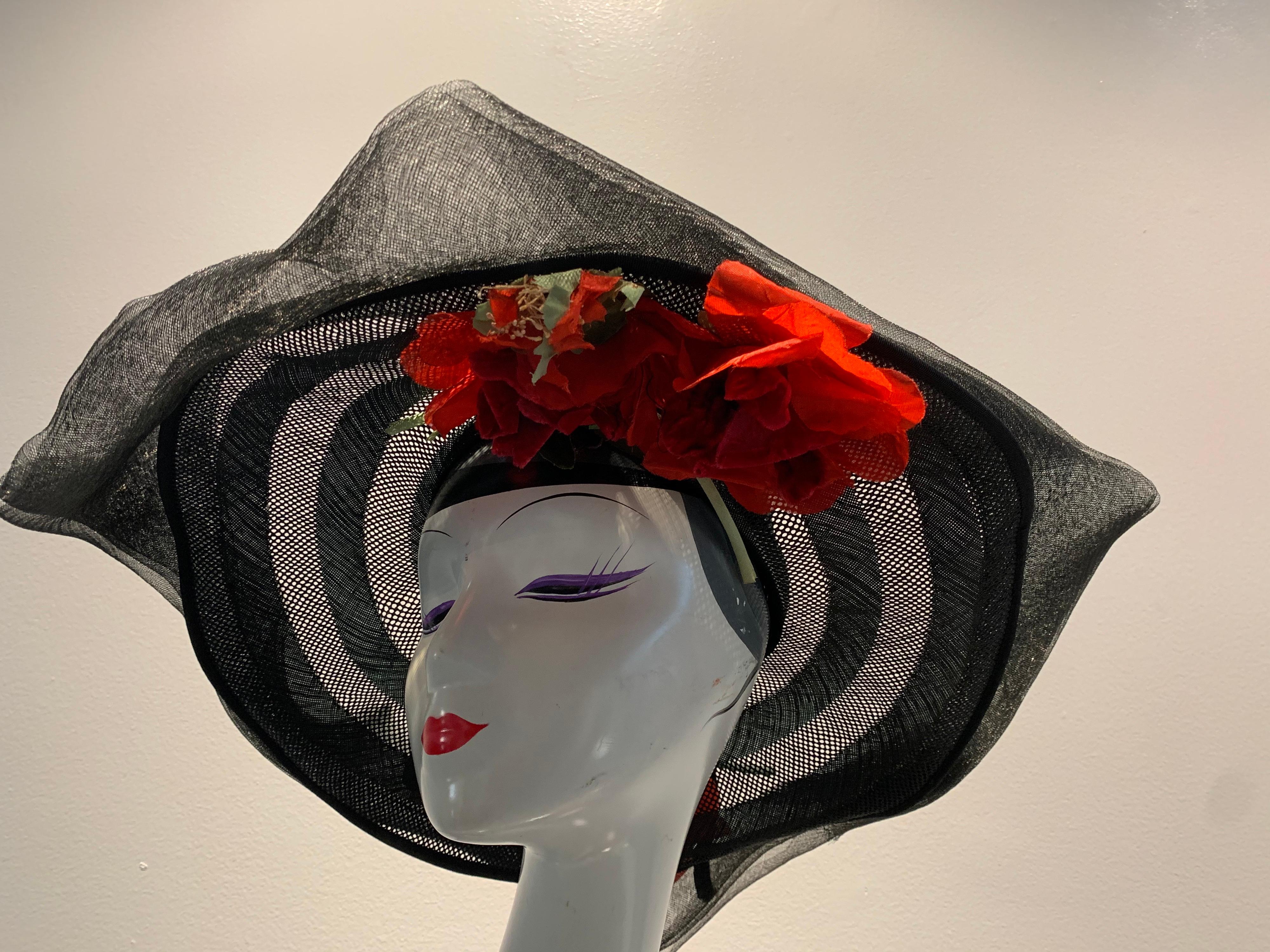 Women's 1940s Howard Hodge Black Horsehair Braid Picture Hat W/ Ruffled Brim & Poppies