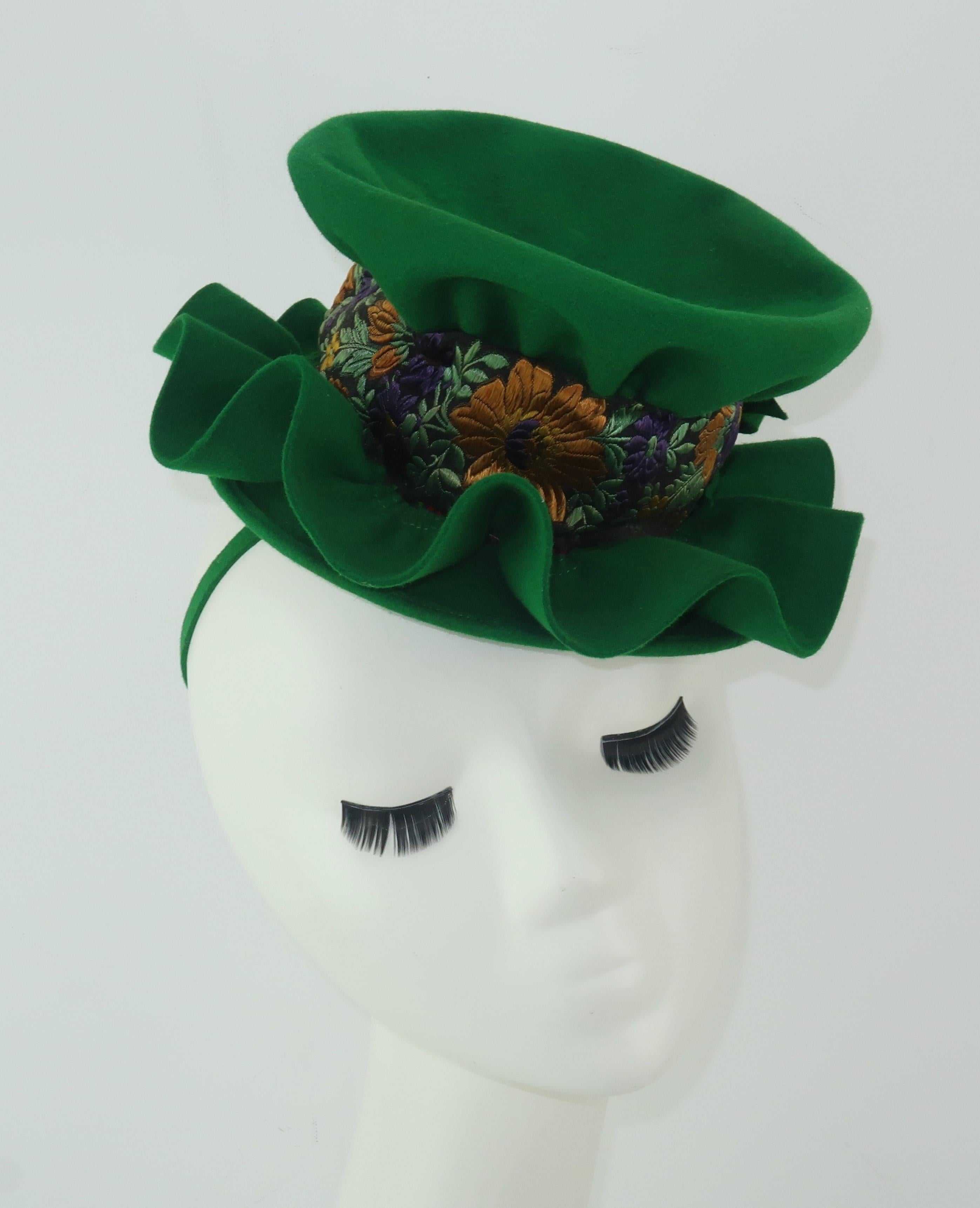 1930's 1940's Tilt Hat Deep Rich Black Wool Felt with a Cluster of Emerald Green Feathers