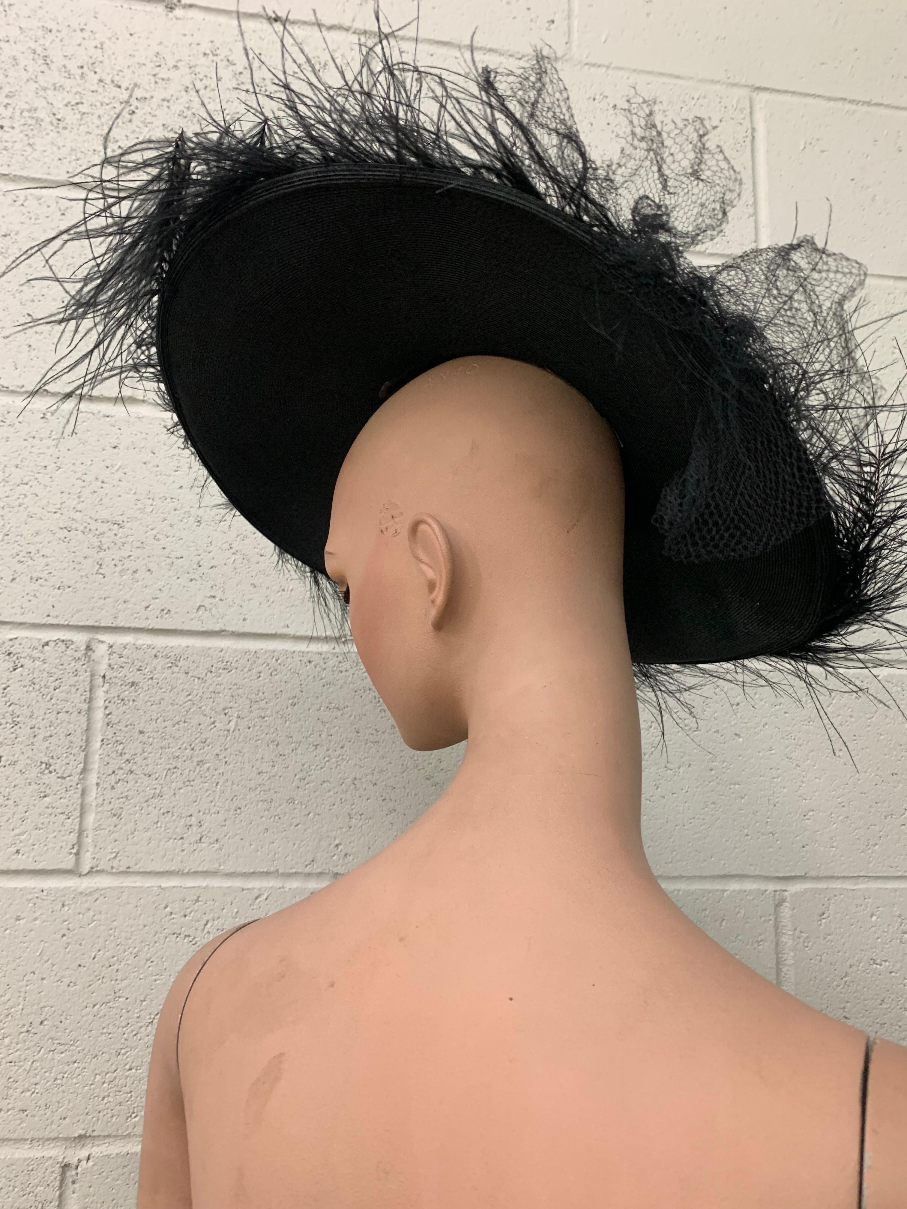 Black 1940s I Magnin Goth Straw Cartwheel Hat w Low Crown & Wispy Feather Trim For Sale