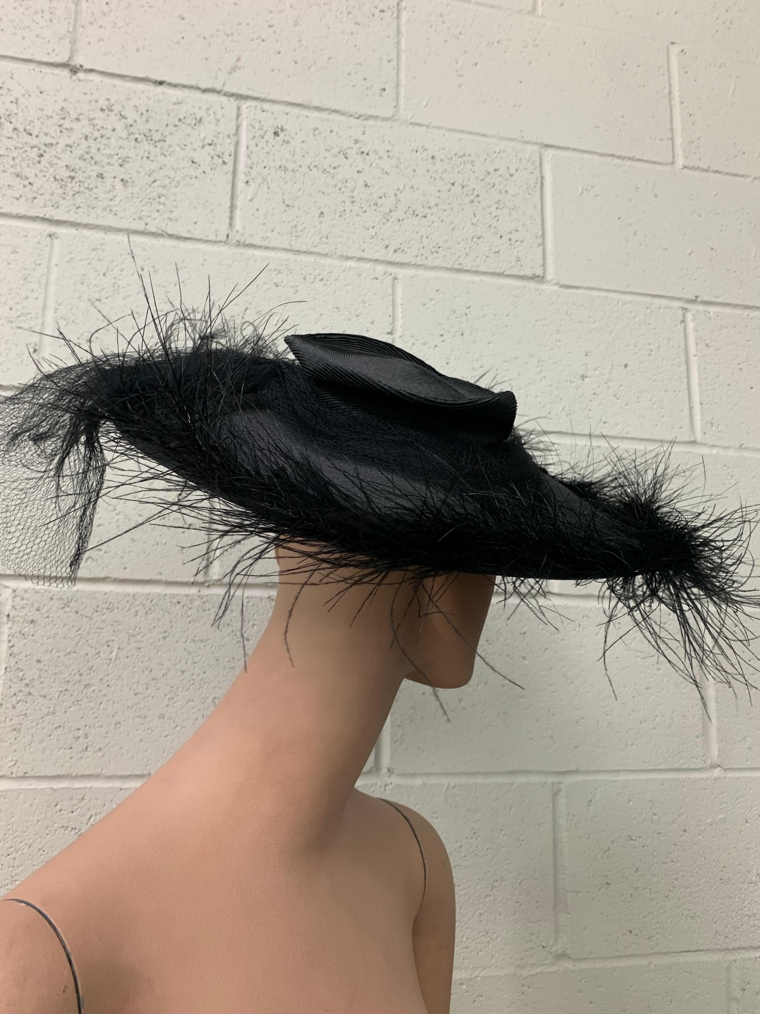1940s I Magnin Goth Straw Cartwheel Hat w Low Crown & Wispy Feather Trim For Sale 1