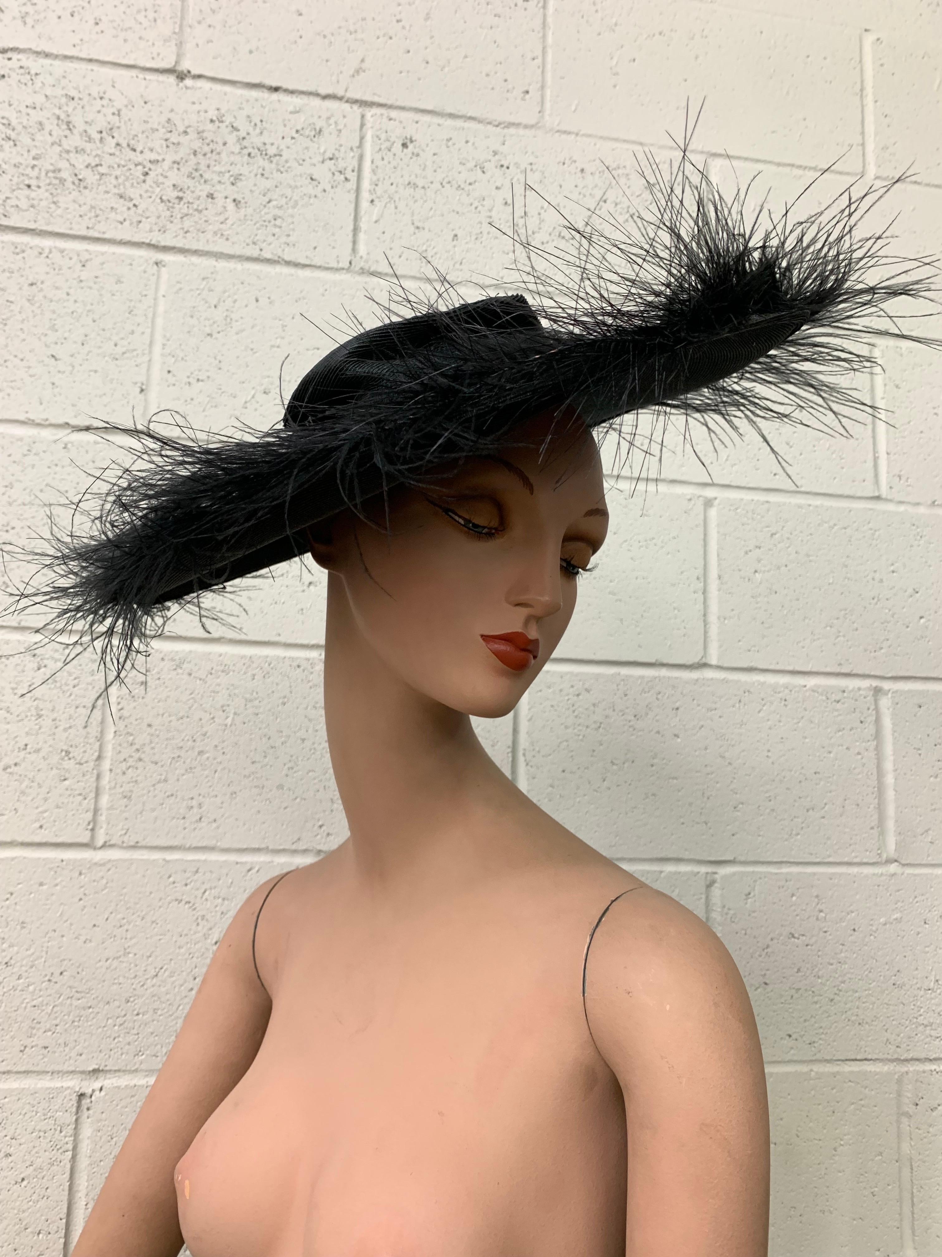 1940s I Magnin Goth Straw Cartwheel Hat w Low Crown & Wispy Feather Trim For Sale 2
