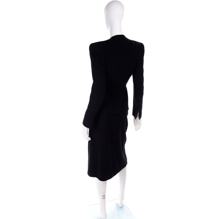 1940s I Magnin Importers Skirt Blazer Black Crepe Suit W Satin Trim and Bow  Sash For Sale at 1stDibs