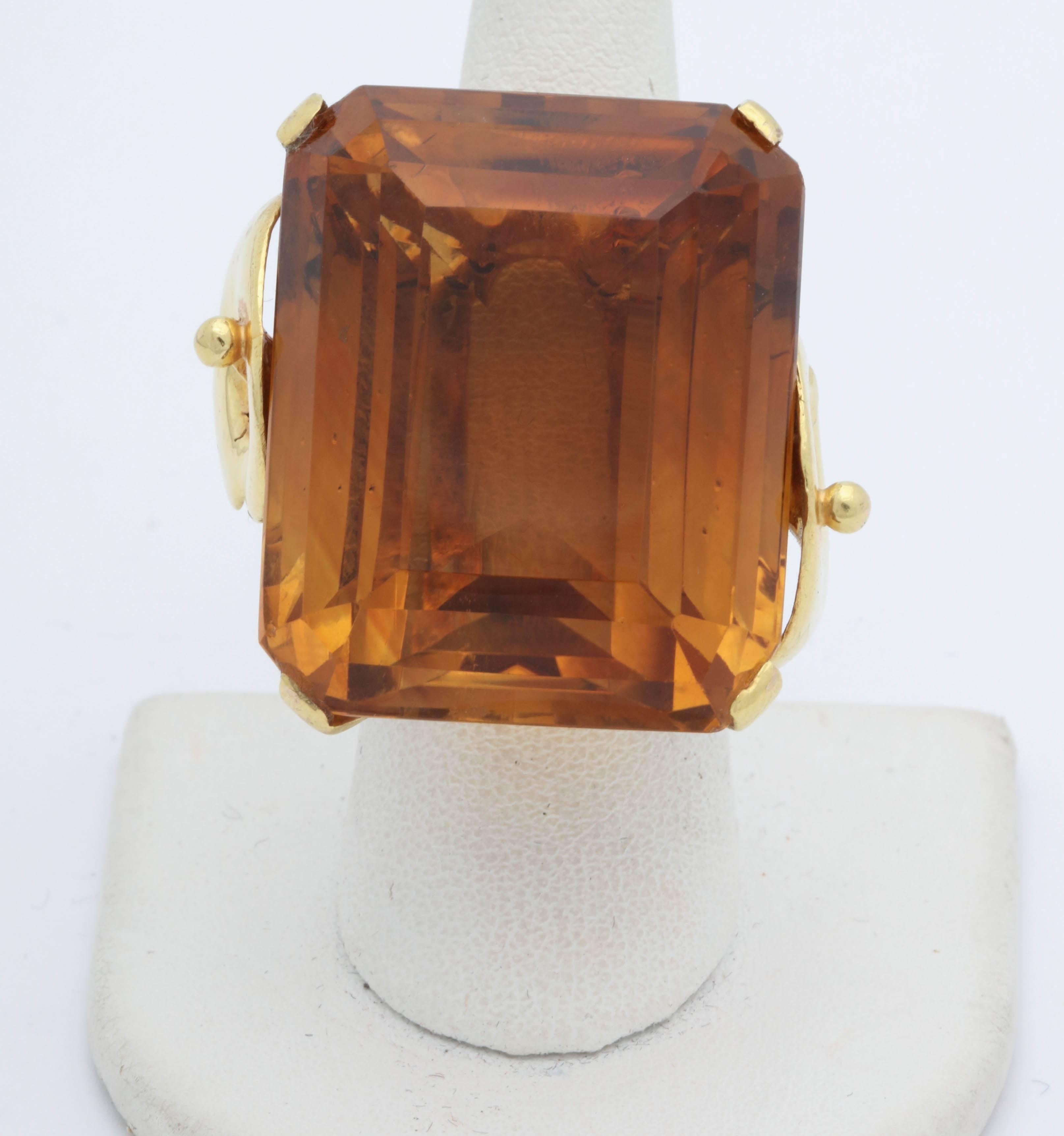 Emerald Cut 1940s Impressive Large Honey Citrine with Sculptural Gold Mounting Cocktail Ring