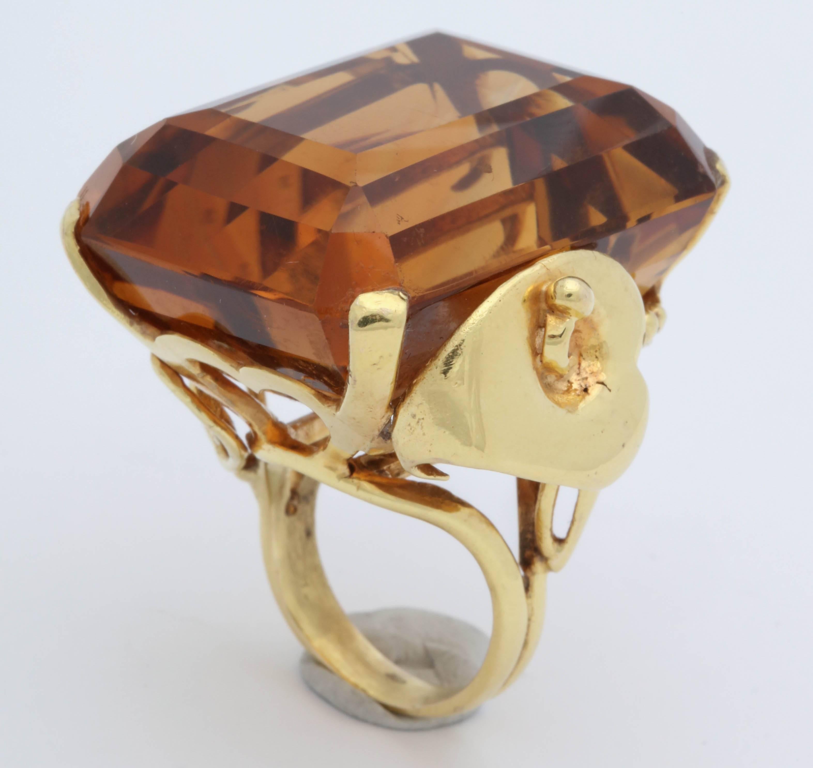 1940s Impressive Large Honey Citrine with Sculptural Gold Mounting Cocktail Ring In Good Condition In New York, NY