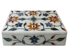 1940s Indian Marble Box Inlaid with Lapis and Agate