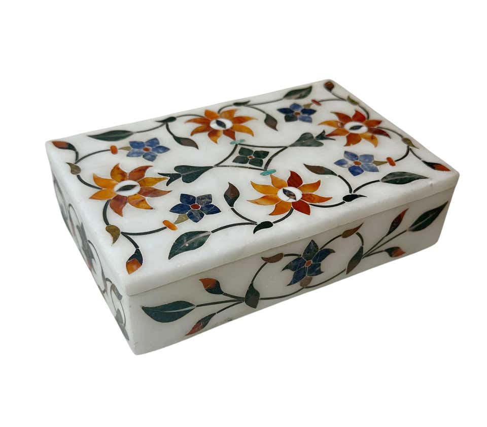 Anglo-Raj Marble Inlay Box Pietra Dura Made in India For Sale at 1stDibs