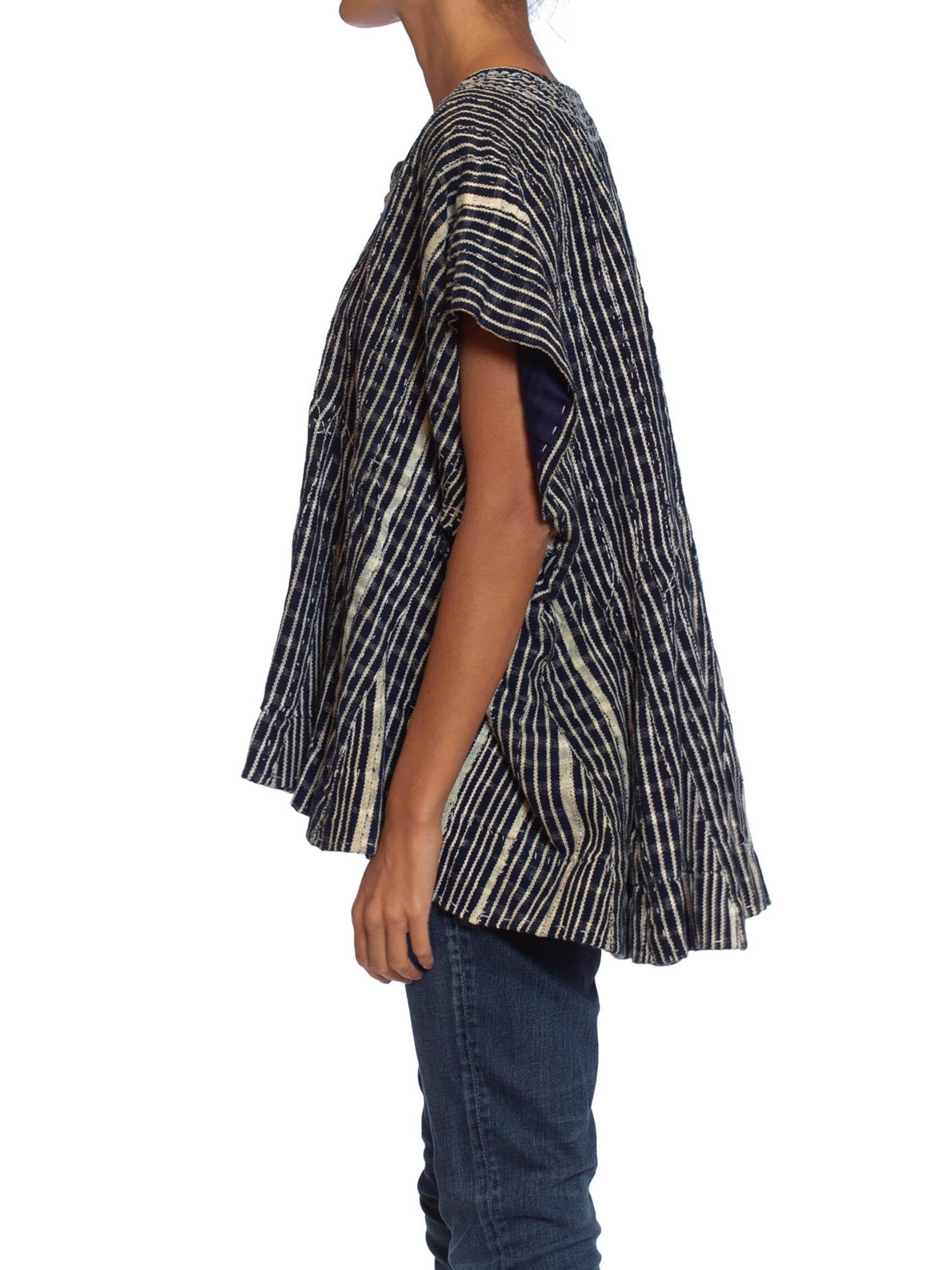 1940S Indigo Blue African Cotton Embroidered Oversized Poncho In Excellent Condition In New York, NY