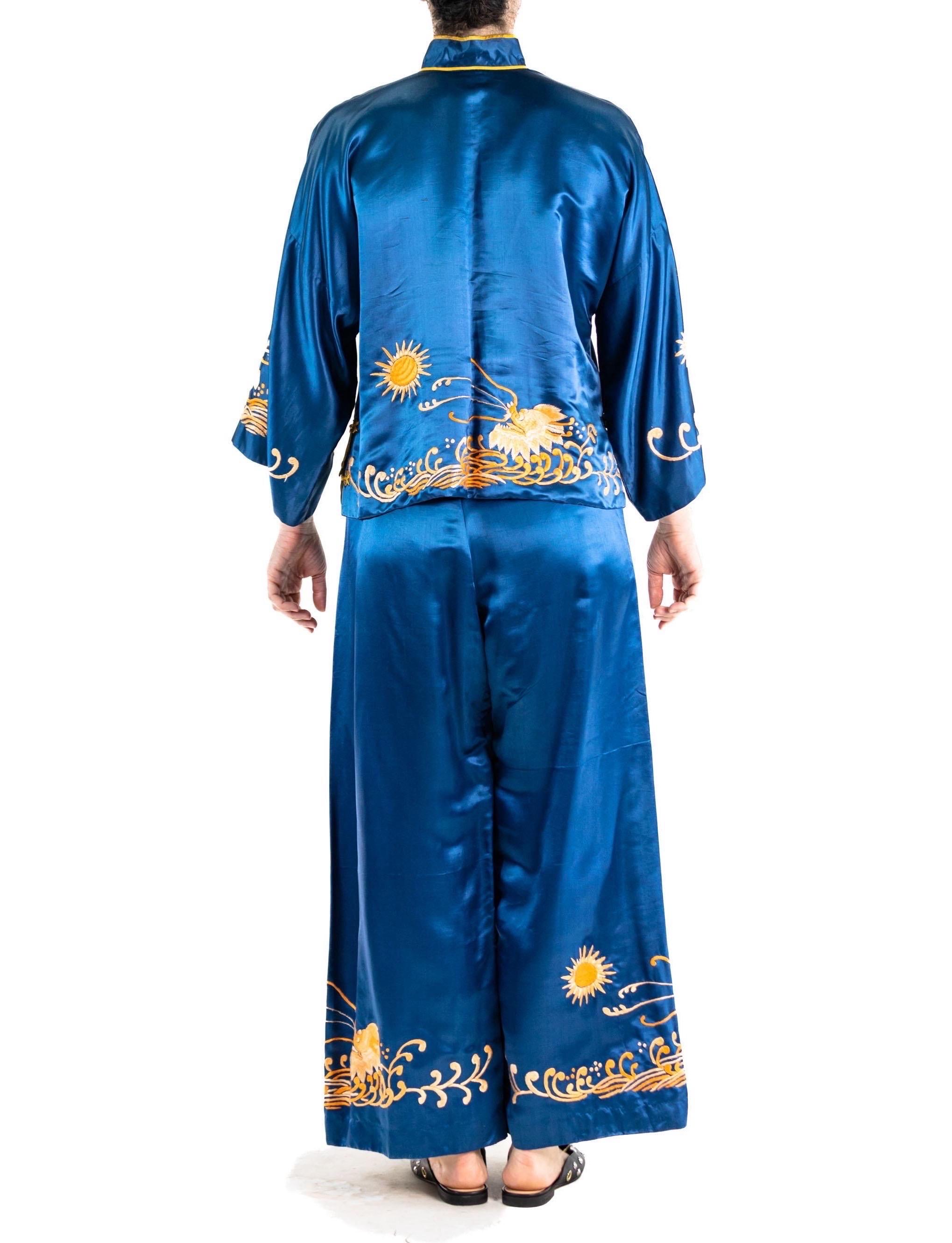 1940S Indigo Blue Hand Embroidered Silk Satin Chinese Sun Dragon Jacket For Sale 2