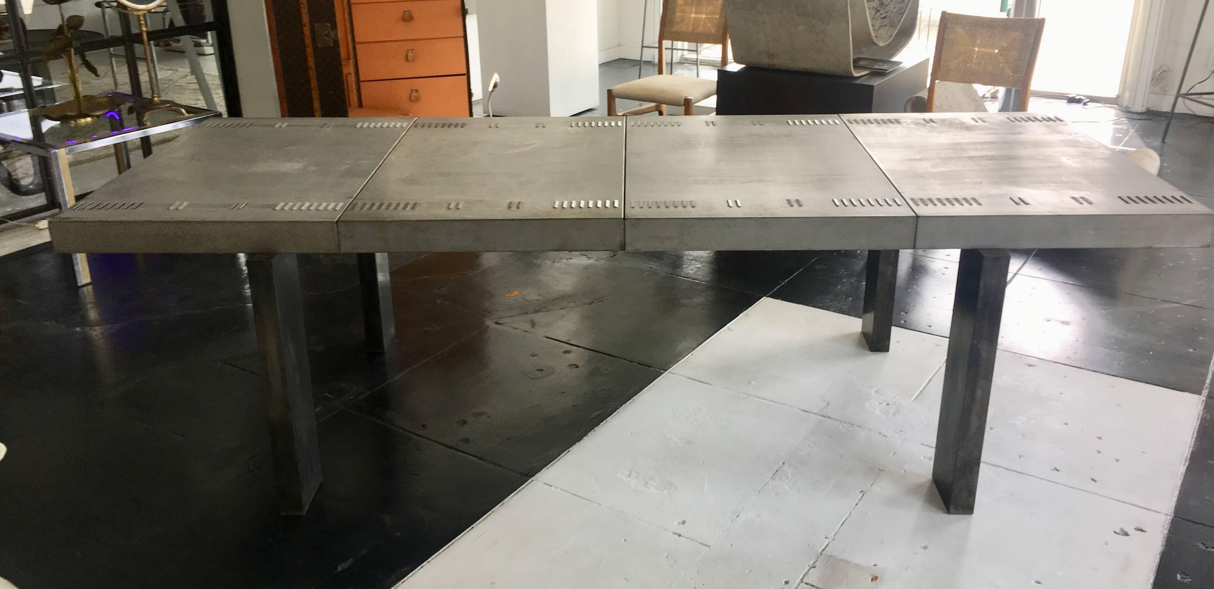 Unusual 1940s Industrial desk or dining table with an especially rare zinc top. Unique craft and metal work not commonly seen elsewhere.