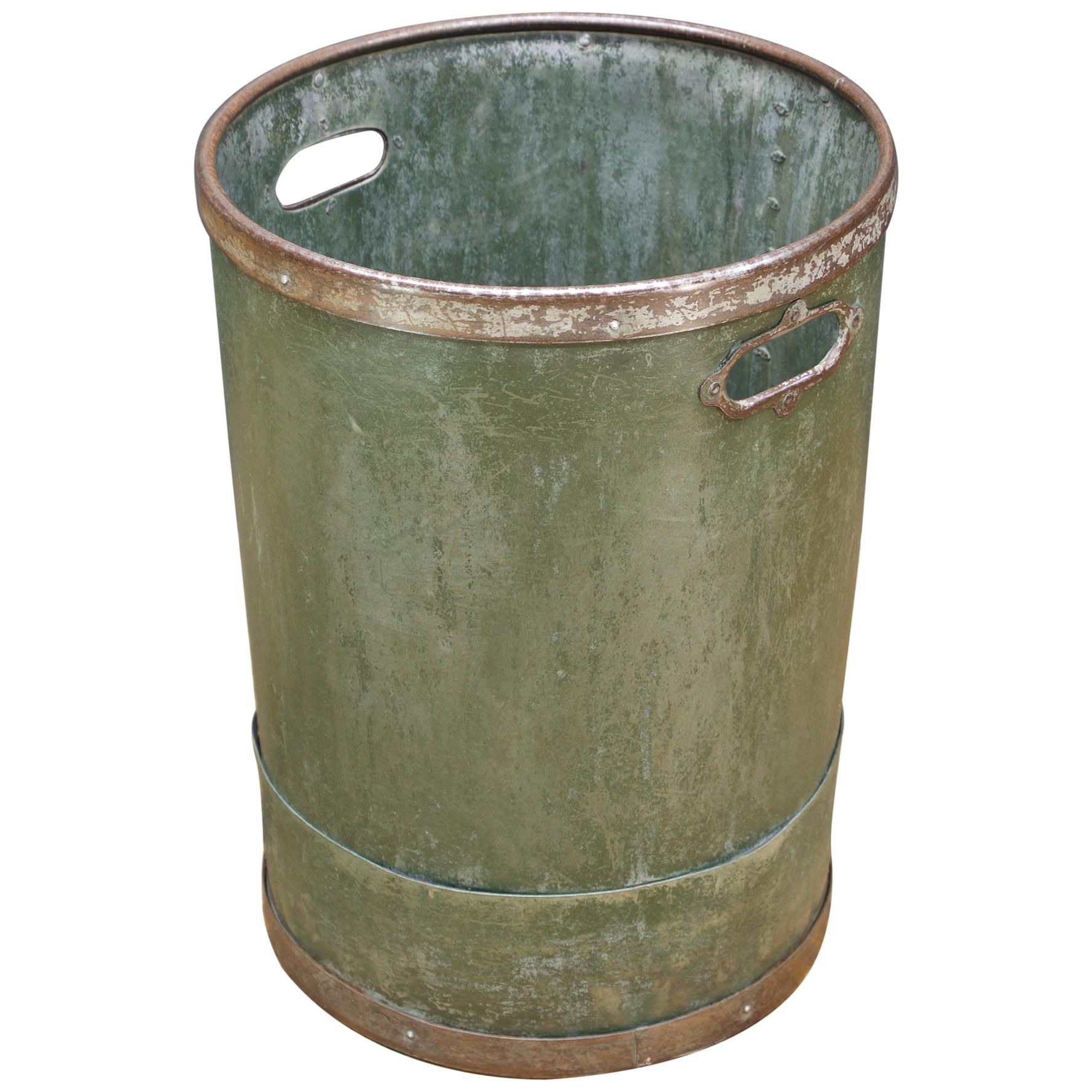 1940s Industrial Vulcanized Fiber Steel Rimmed Handled Wastebasket Bin Trash Can