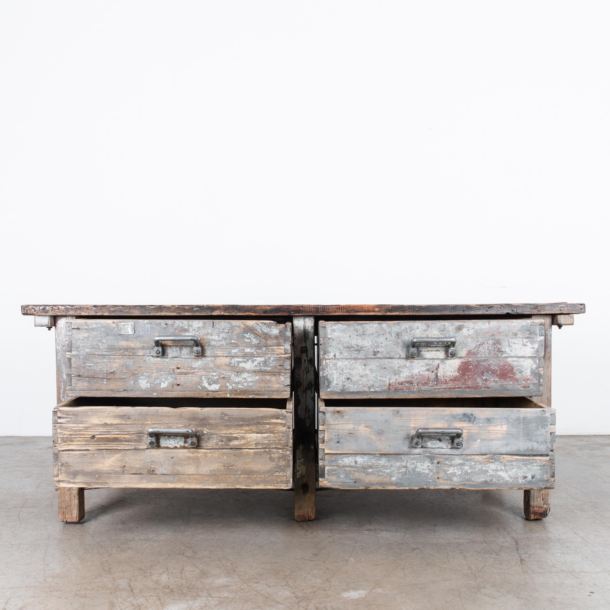 Great character, patina shows the age and history of the piece. A mix of sturdy handcut wooden elements, aluminium and steel hardware. Hefty proportions and simple form make this piece a great fit for chic modern, rustic or anything in between. Note