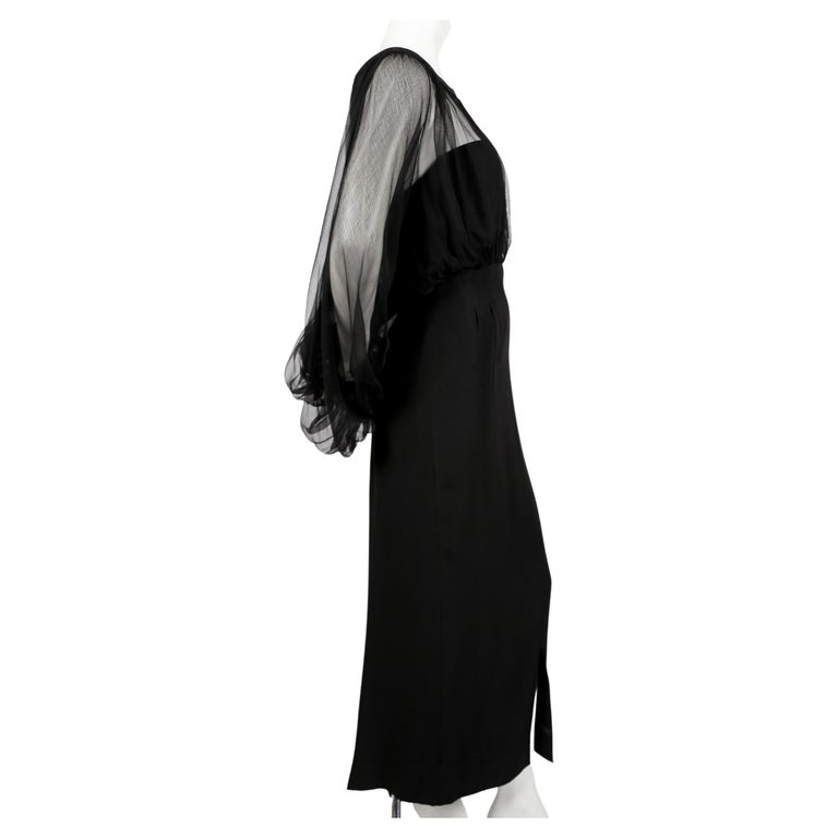 1940's Irene Lentz Black Dress with Blouson Silk Chiffon Overlay
