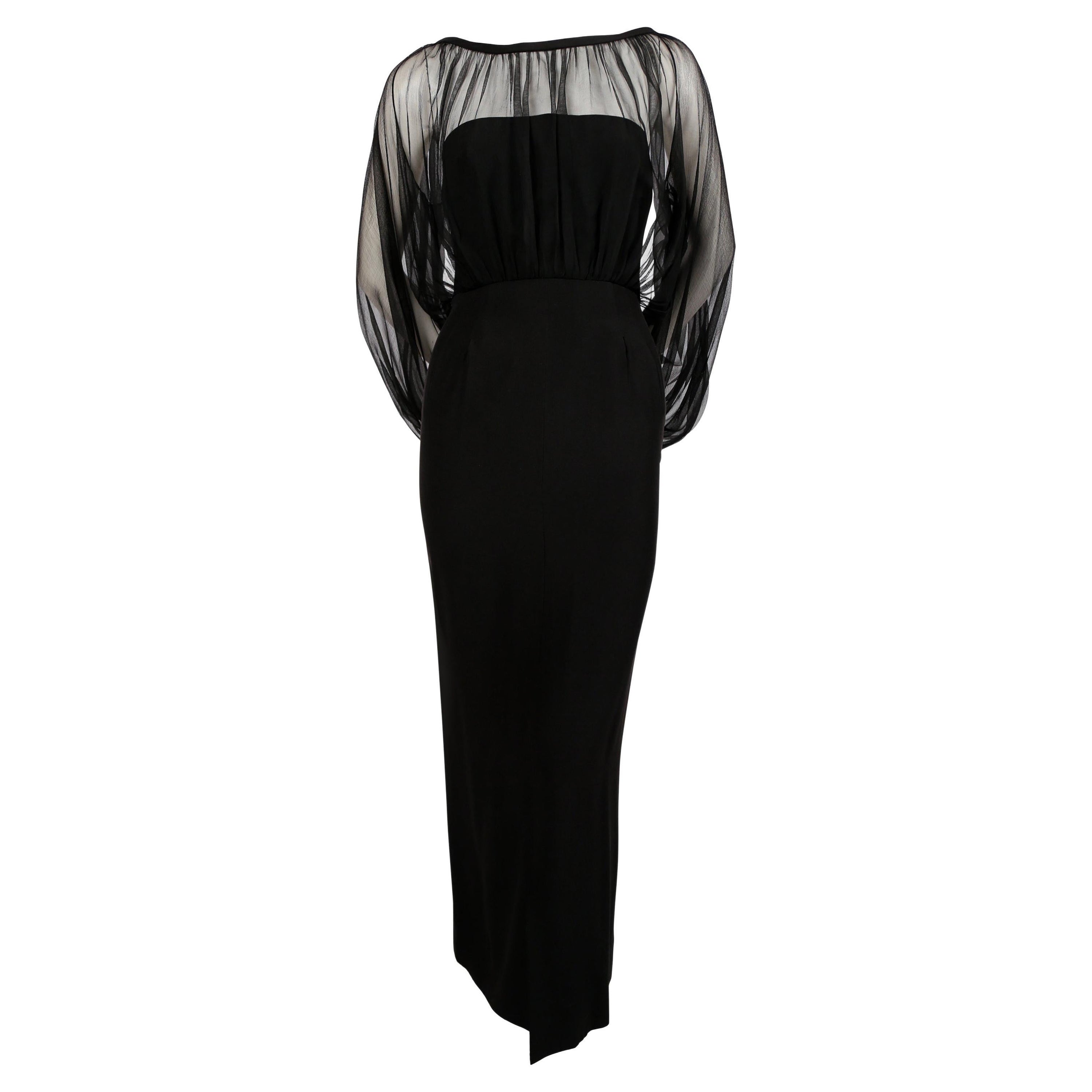 1940's IRENE LENTZ black dress with blouson silk chiffon overlay For Sale