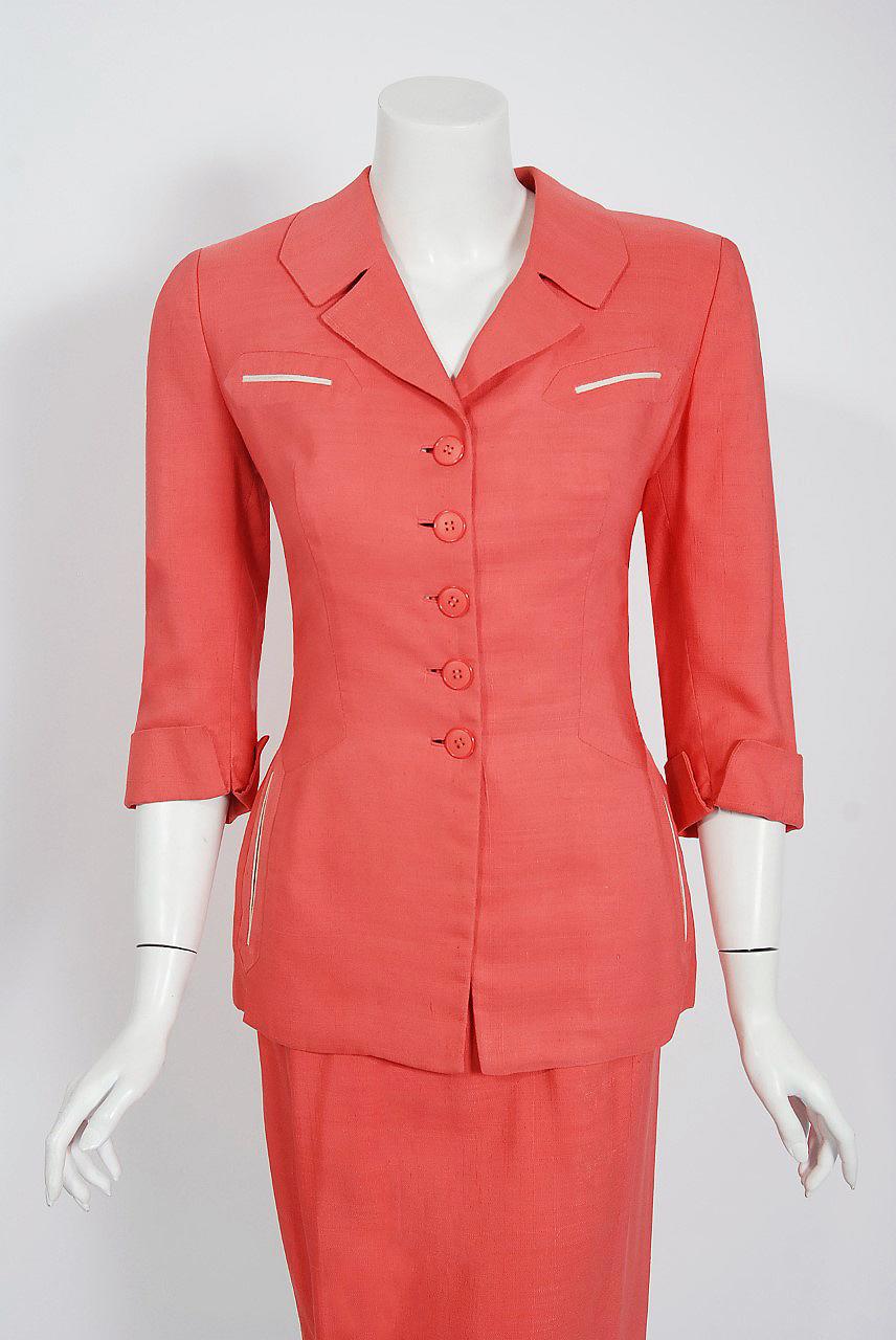 Gorgeous Irene Lentz tailor-made three piece ensemble dating back to the late 1940's. This was during her  licensing deal with the high-end department store Goldwaters. Irene Lentz stunned the world with her ingeniously constructed, sophisticated,