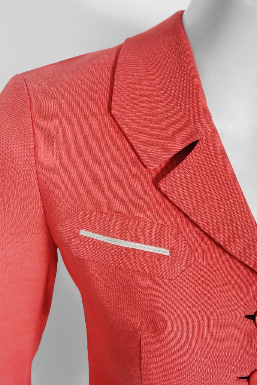 1940's Irene Lentz Couture Coral Pink Linen Sculpted Three-Piece Suit Ensemble In Good Condition In Beverly Hills, CA