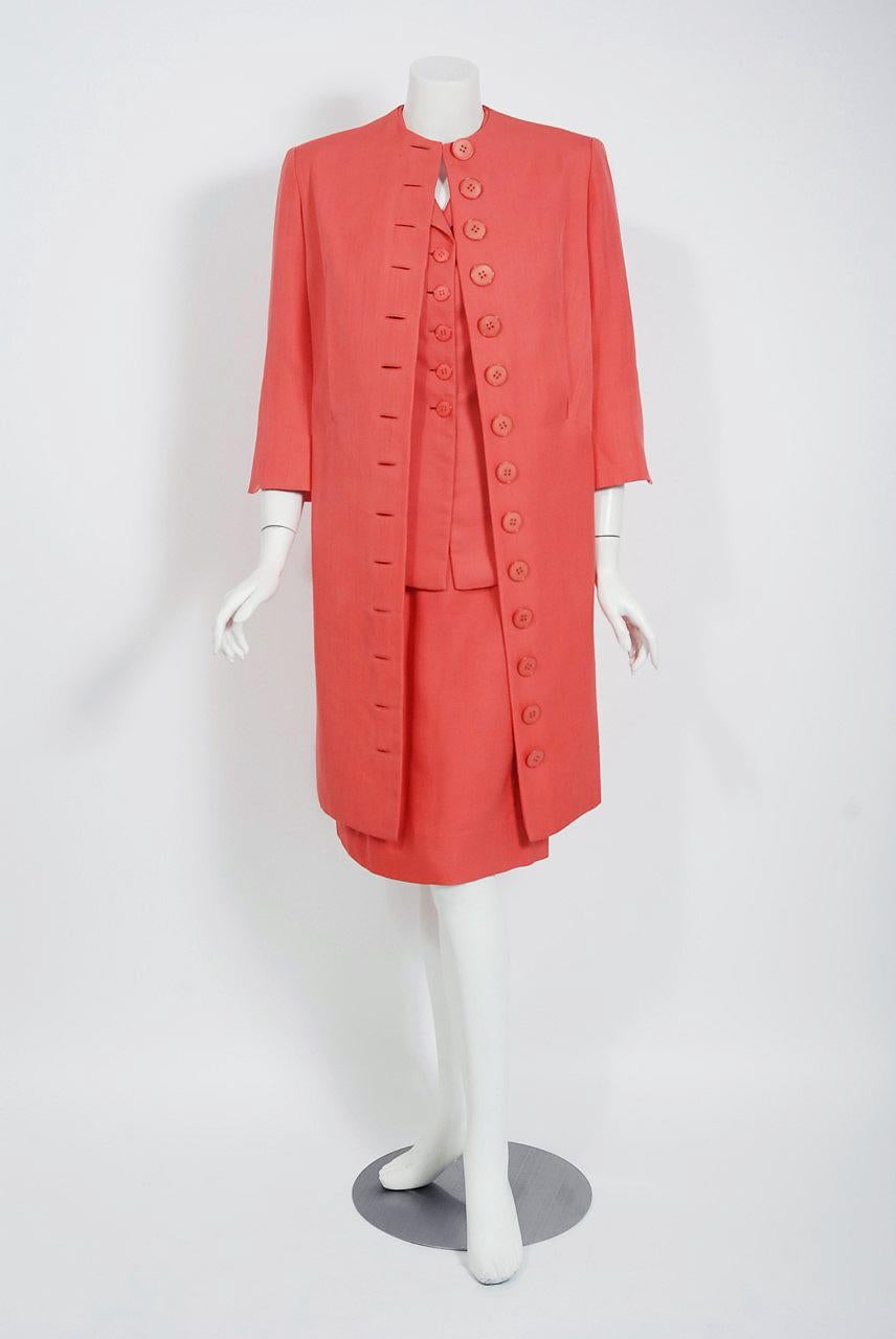 1940's Irene Lentz Couture Coral Pink Linen Sculpted Three-Piece Suit Ensemble 1