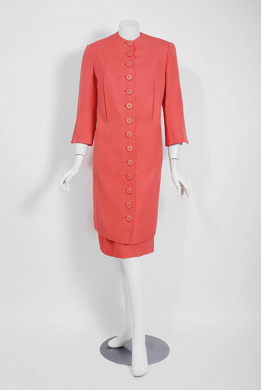 1940's Irene Lentz Couture Coral Pink Linen Sculpted Three-Piece Suit Ensemble 2