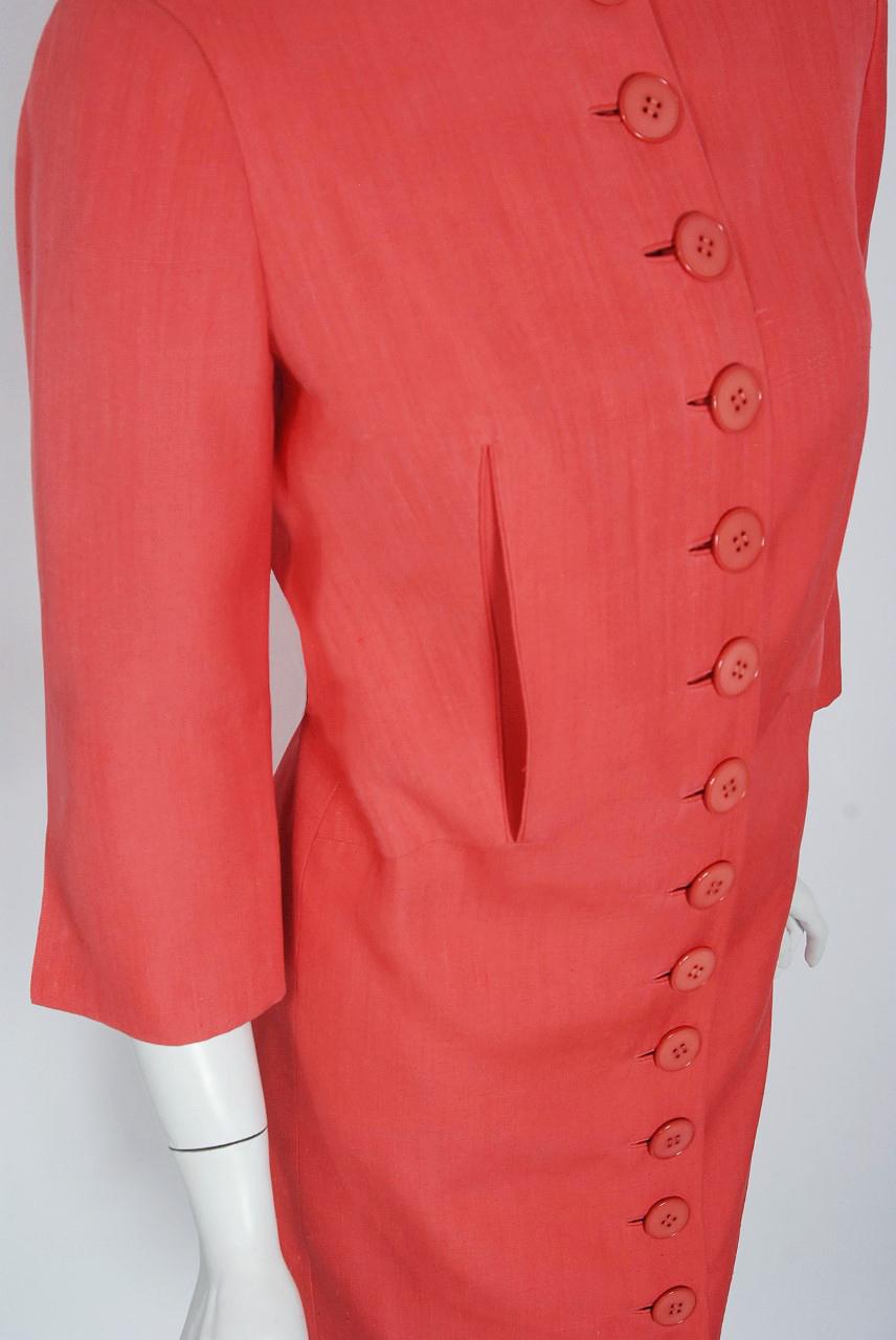 1940's Irene Lentz Couture Coral Pink Linen Sculpted Three-Piece Suit Ensemble 3