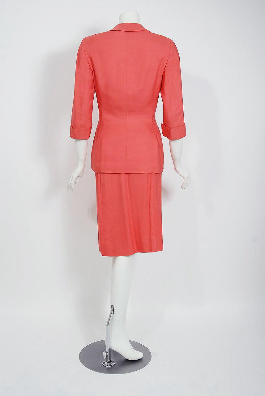 1940's Irene Lentz Couture Coral Pink Linen Sculpted Three-Piece Suit Ensemble 4