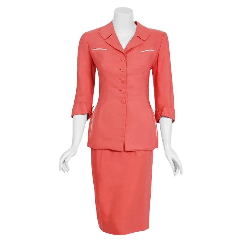 1940's Irene Lentz Couture Coral Pink Linen Sculpted Three-Piece Suit Ensemble