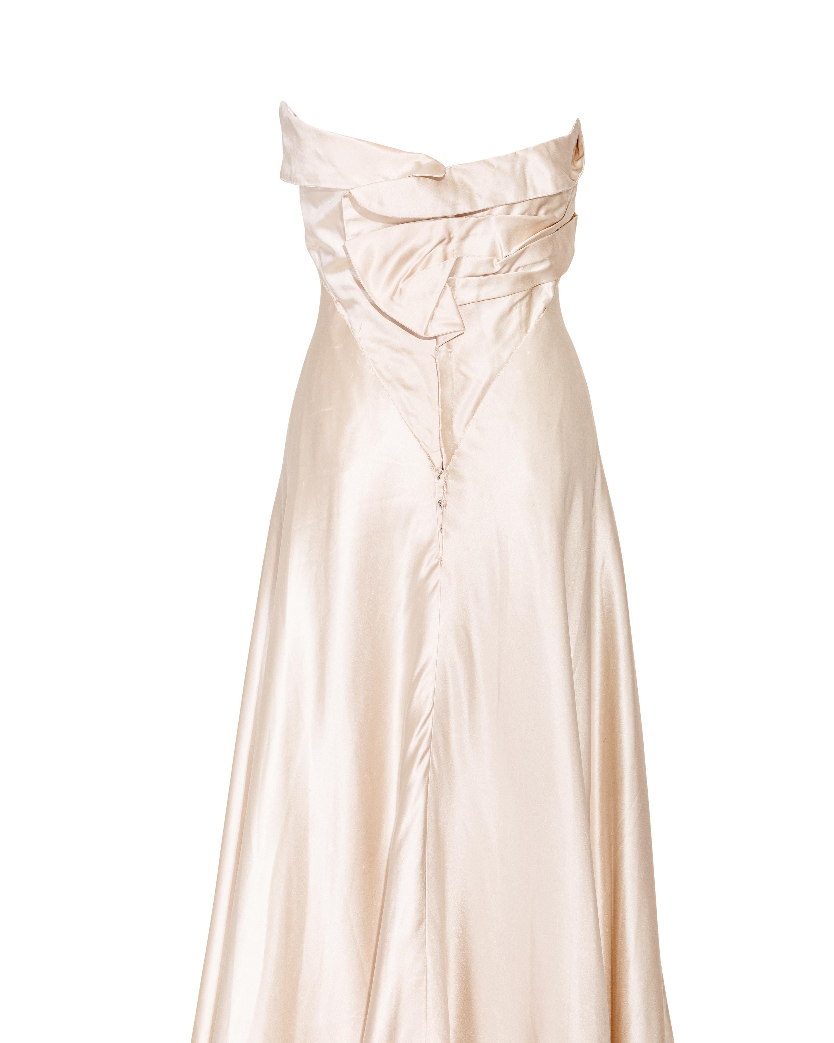 1940's Irene Lentz Haute Couture Strapless High-Low Cream Silk Gown For Sale 2