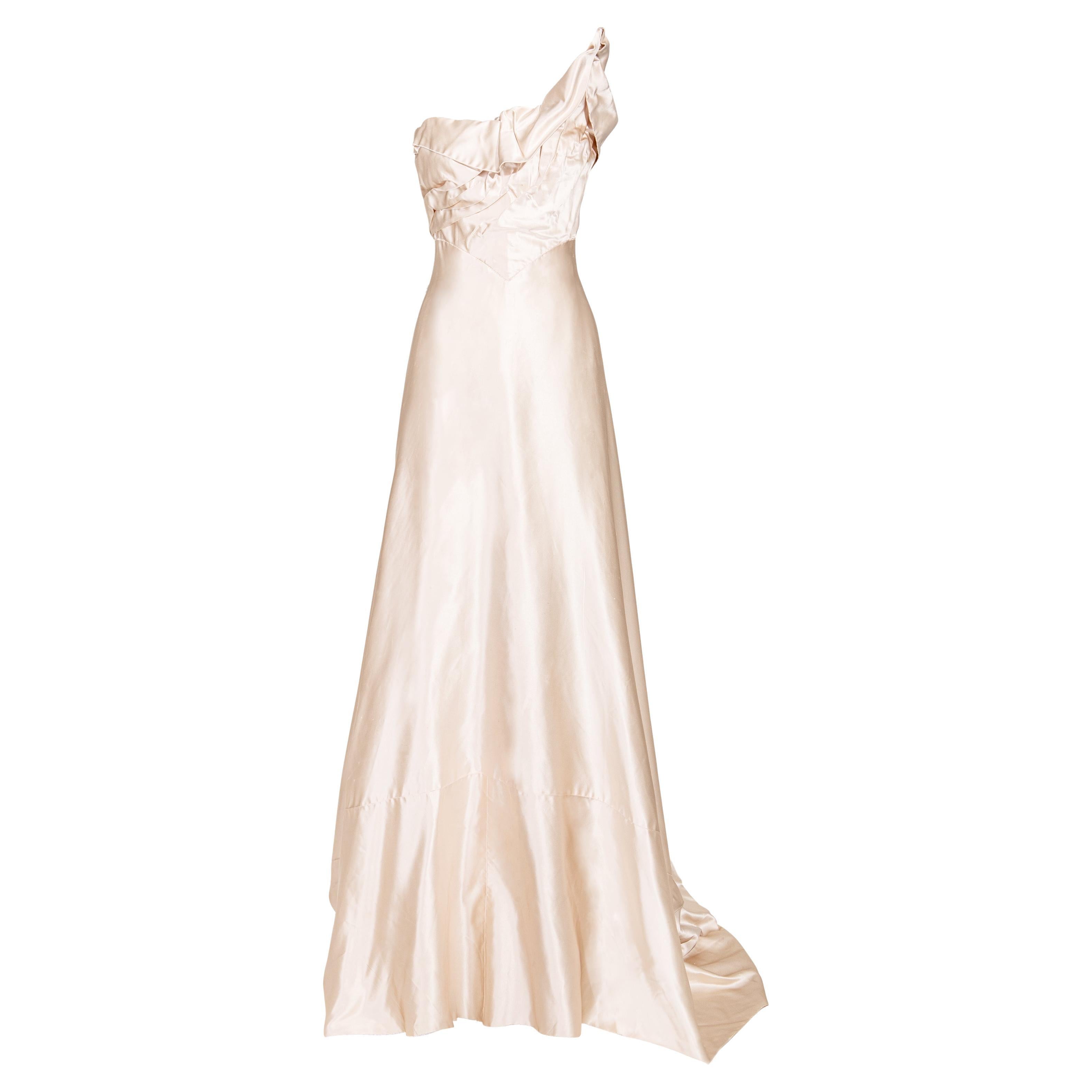 1940's Irene Lentz Haute Couture Strapless High-Low Cream Silk Gown For Sale