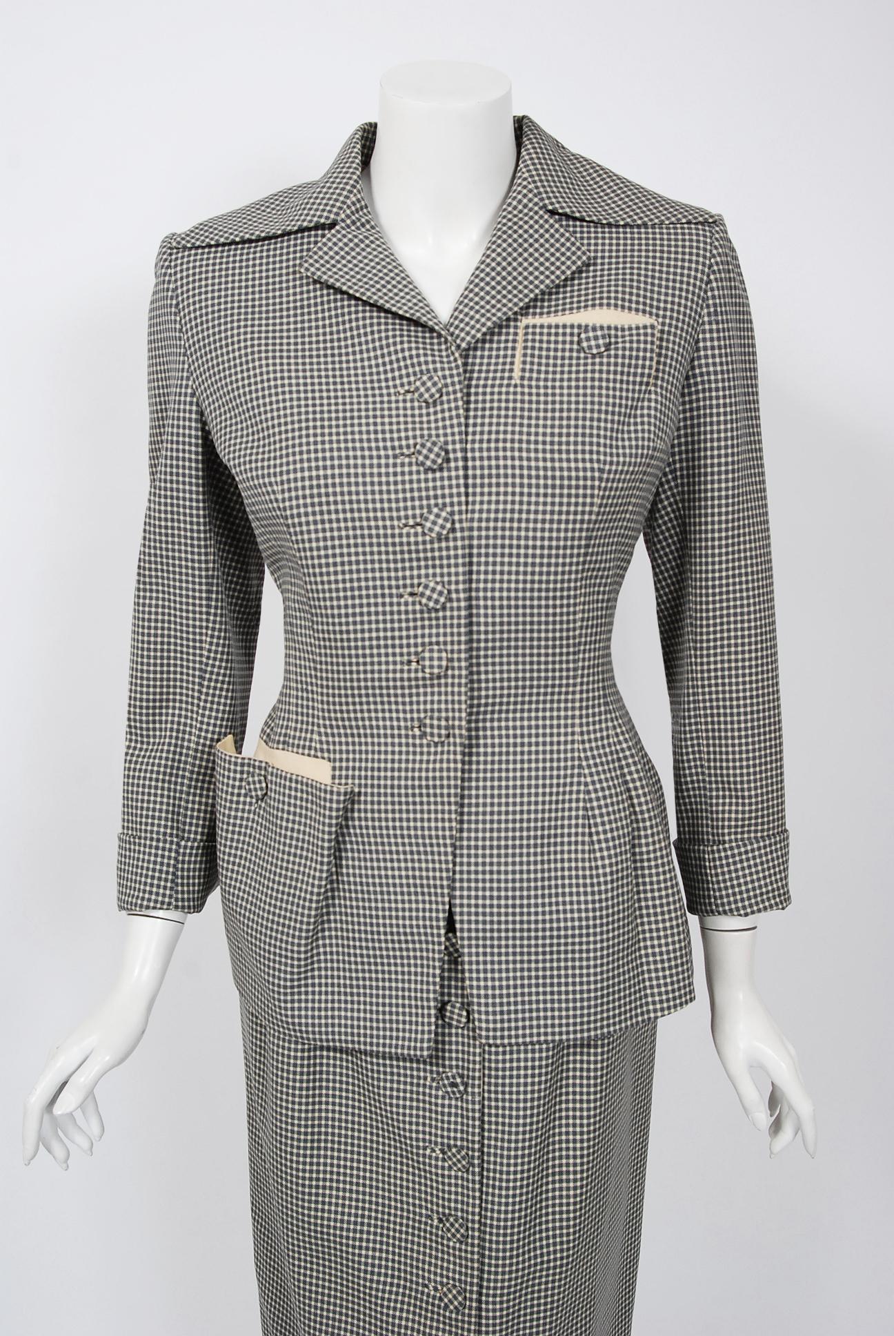 Gorgeous Irene Lentz Couture tailor-made two piece skirt suit dating back to the late 1940's. Irene Lentz stunned the world with her ingeniously constructed, sophisticated, couture-standard garments. After charming Los Angeles society and celestial