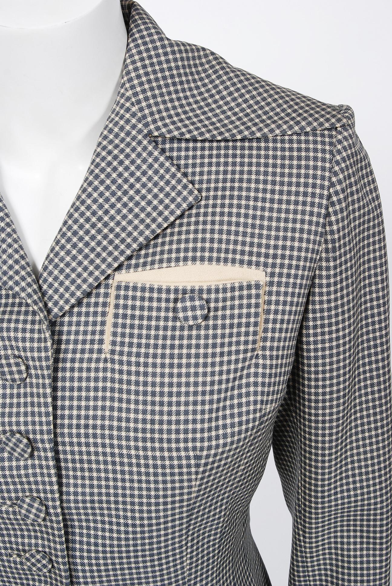 Gray 1940's Irene Lentz Steel-Blue Gingham Gabardine Deco Button Tailored Skirt Suit