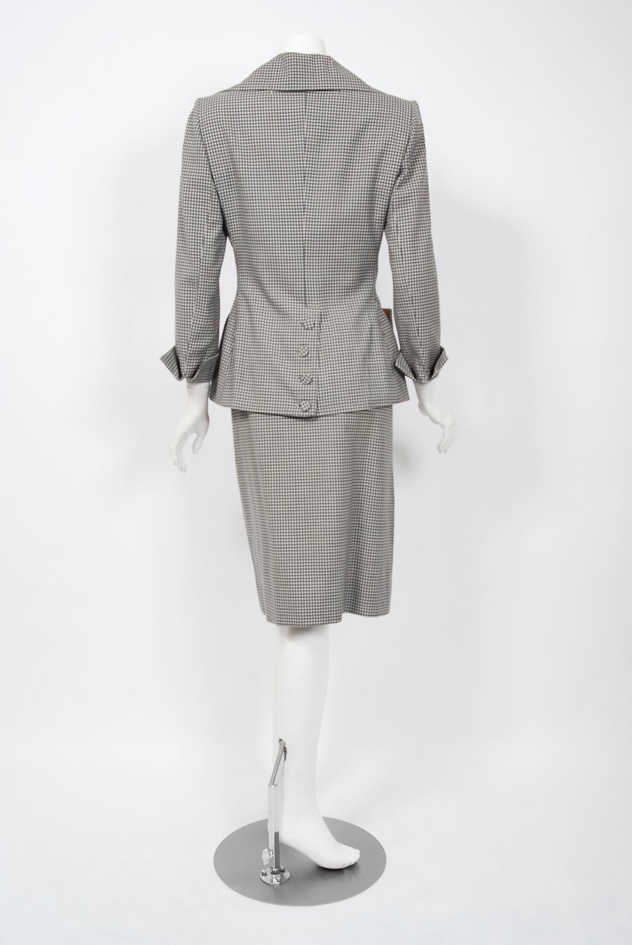 1940's Irene Lentz Steel-Blue Gingham Gabardine Deco Button Tailored Skirt Suit 1