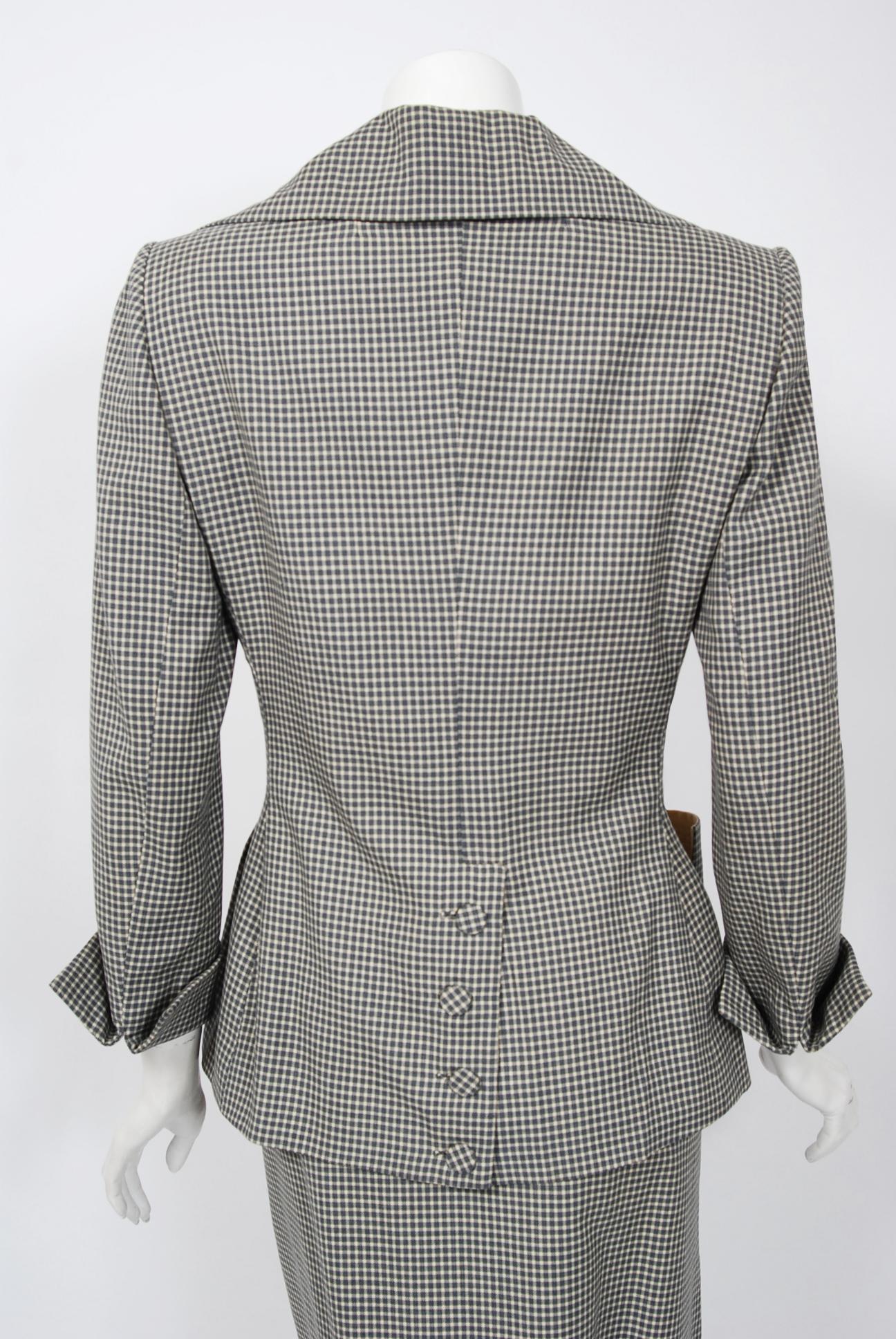 1940's Irene Lentz Steel-Blue Gingham Gabardine Deco Button Tailored Skirt Suit 2