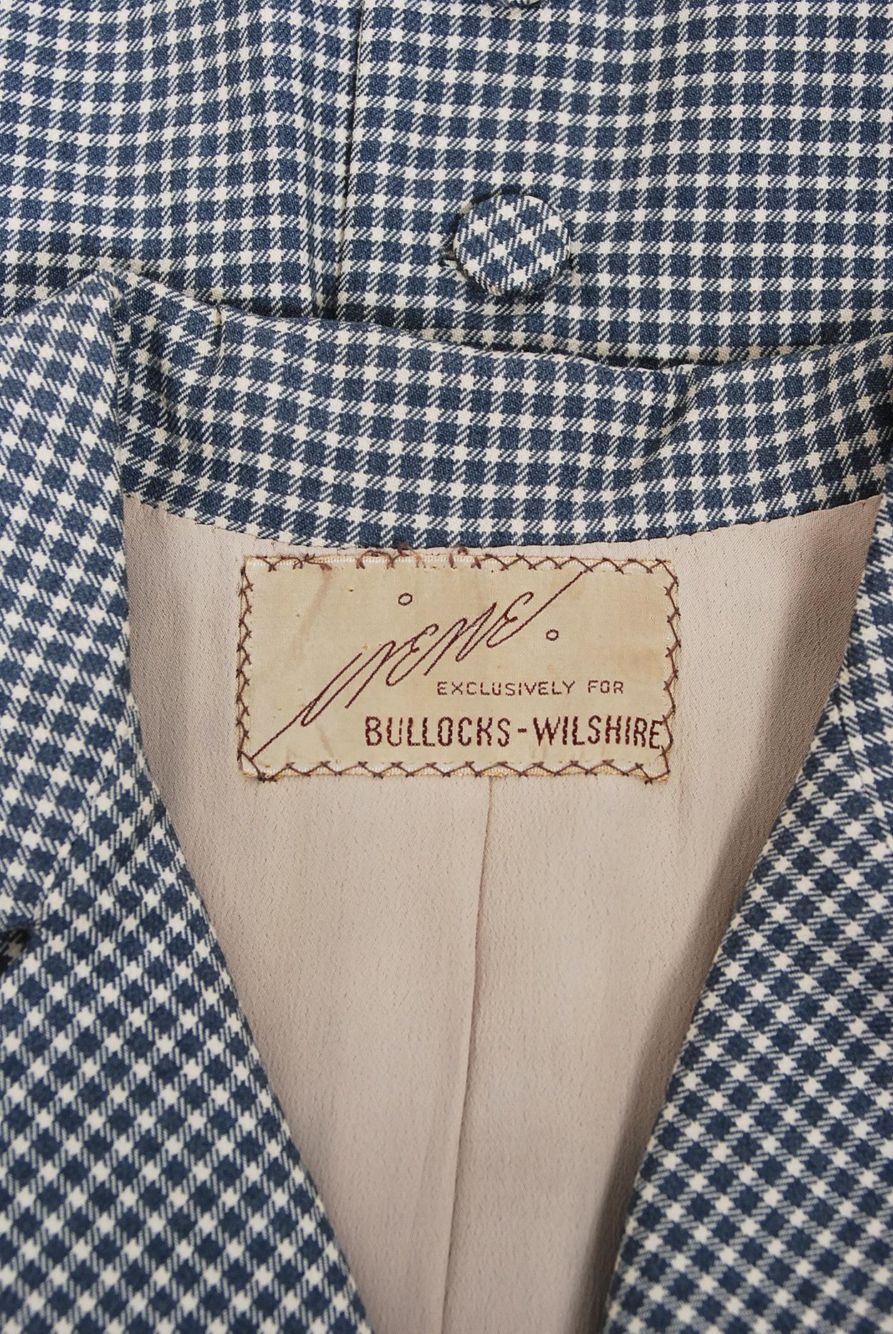 1940's Irene Lentz Steel-Blue Gingham Gabardine Deco Button Tailored Skirt Suit 3
