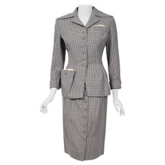 1940's Irene Lentz Steel-Blue Gingham Gabardine Deco Button Tailored Skirt Suit