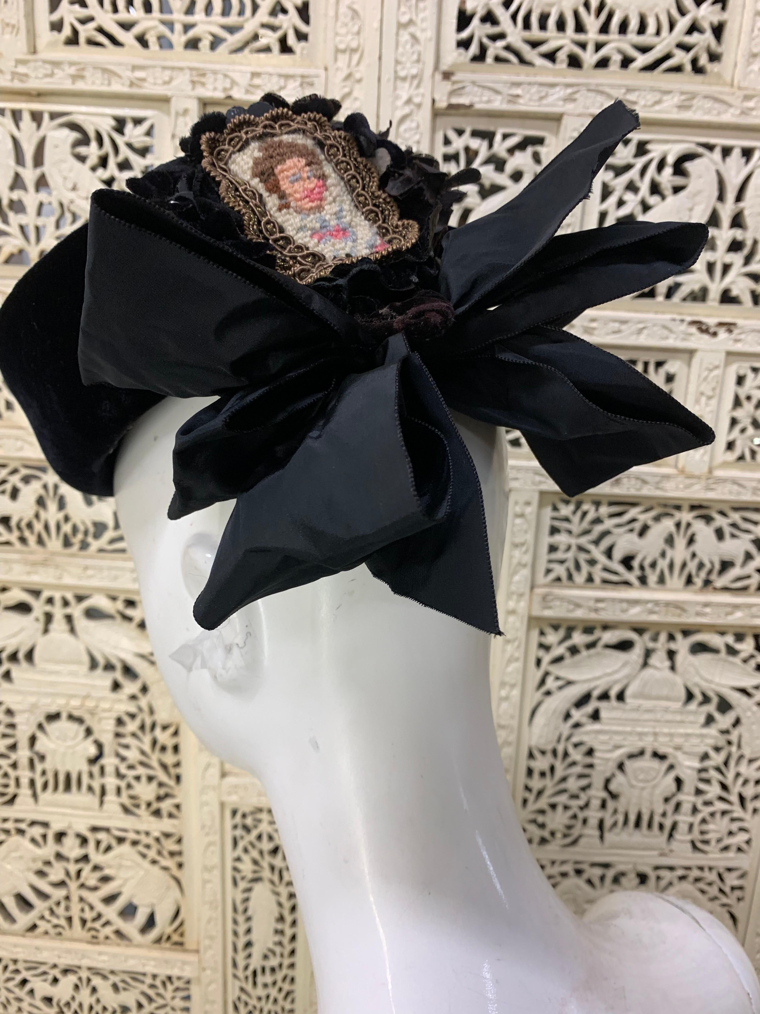Women's 1940s Irina Roublon Couture Avant Garde Velvet Hat w Needlepoint Portrait  For Sale