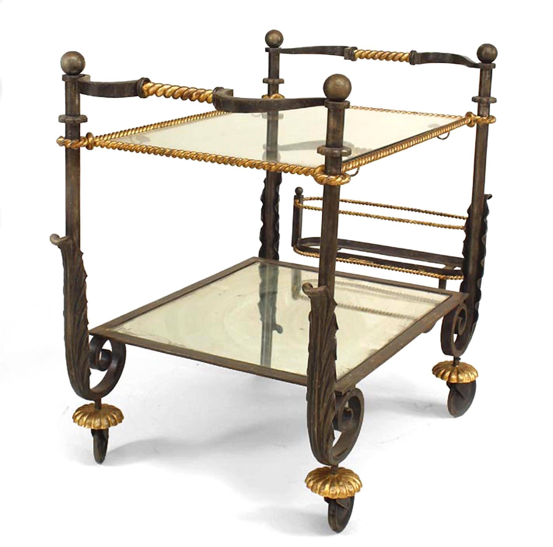 Art Deco 1940's Iron And Gilt Rope Glass Tea Cart, Attributed To Poillerat