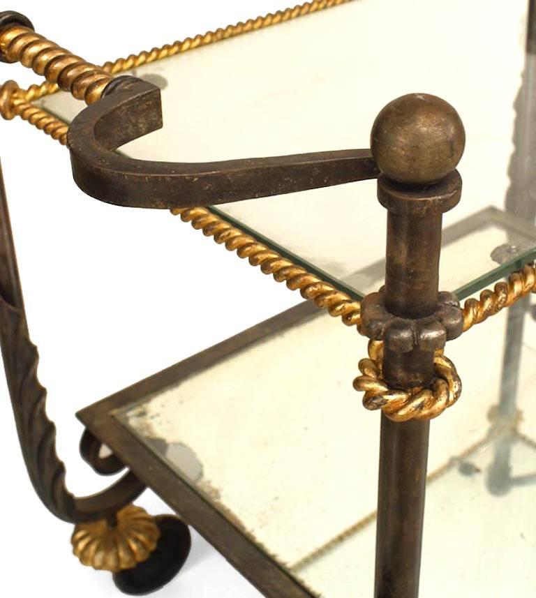 French 1940's Iron And Gilt Rope Glass Tea Cart, Attributed To Poillerat