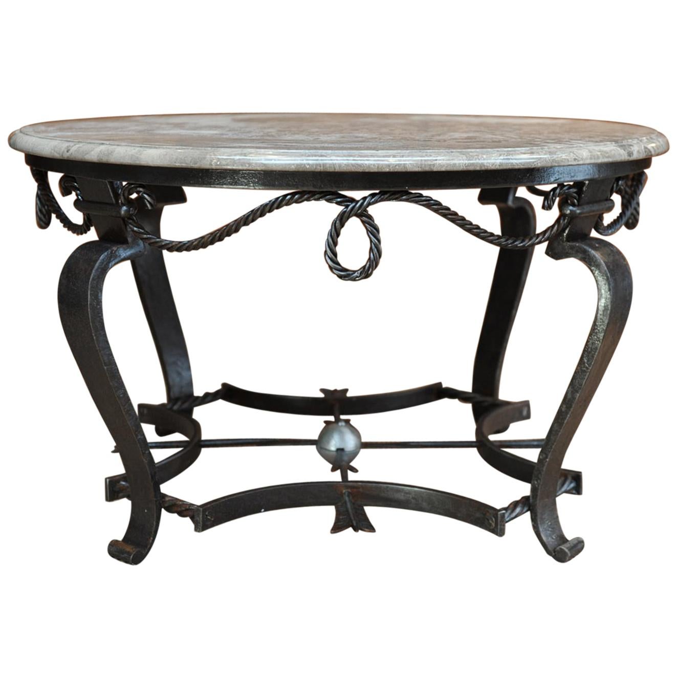 1940s Iron and Marble-Top Coffee Table For Sale