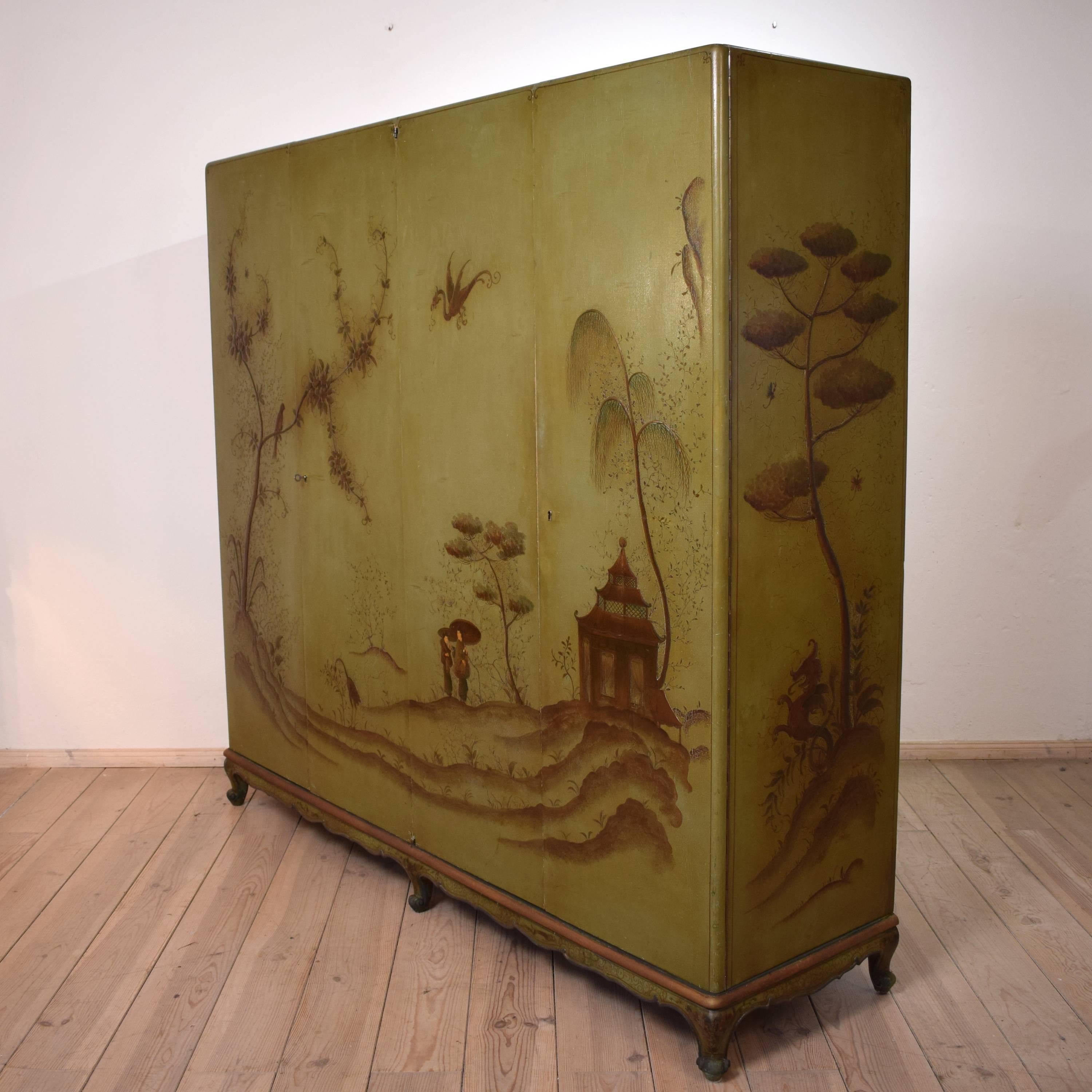 Hand-Painted 1940s Italian Four Doors Green Chinoiserie Lacquered Cupboard