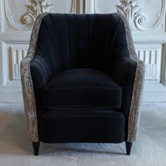 1940s Italian Armchair Gun Metal Grey Velvet and Brown/Gold Jacquard Fabric