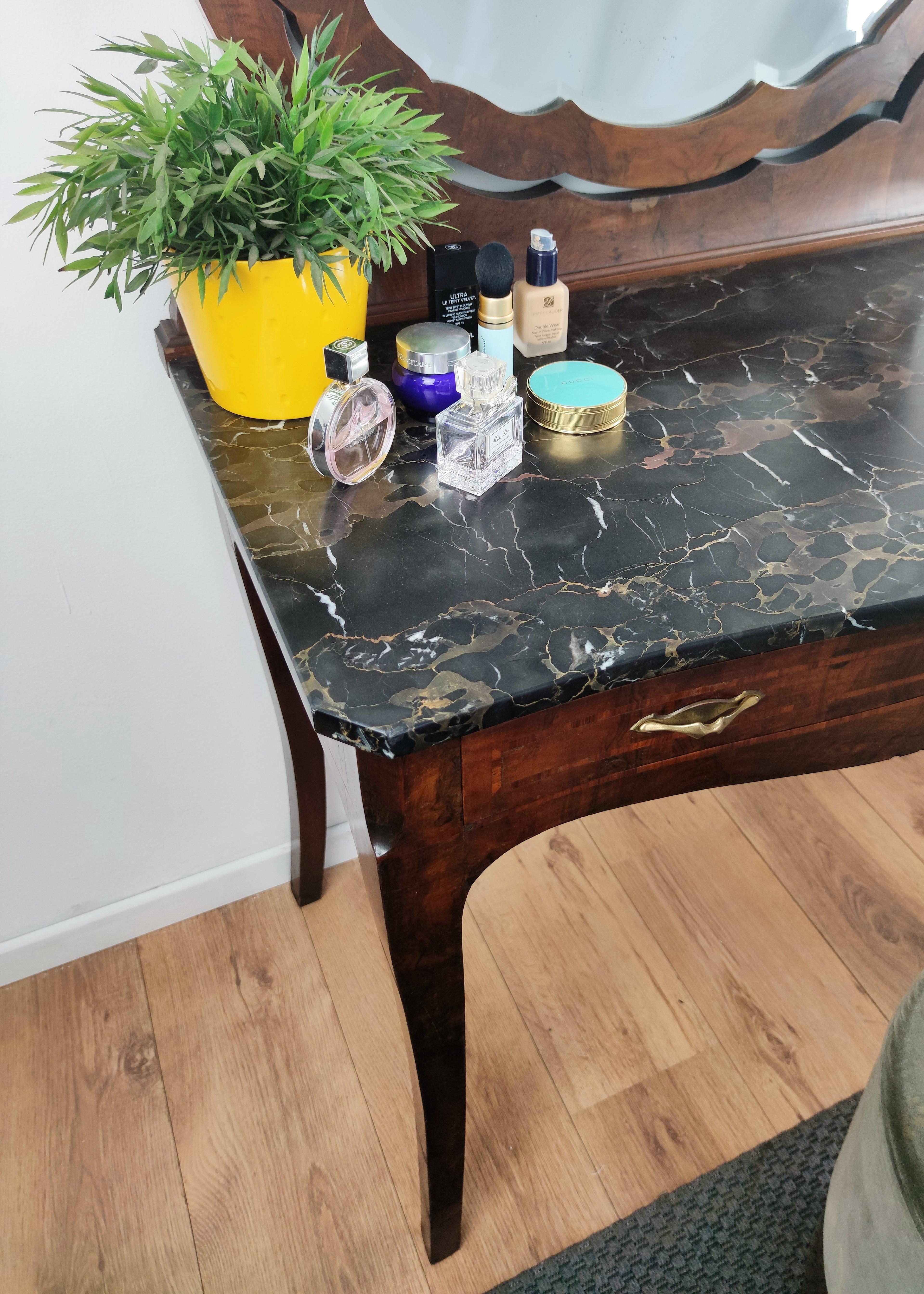 20th Century 1940s Italian Art Deco Burl and Marble Vanity Dressing Table with Beveled Mirror For Sale