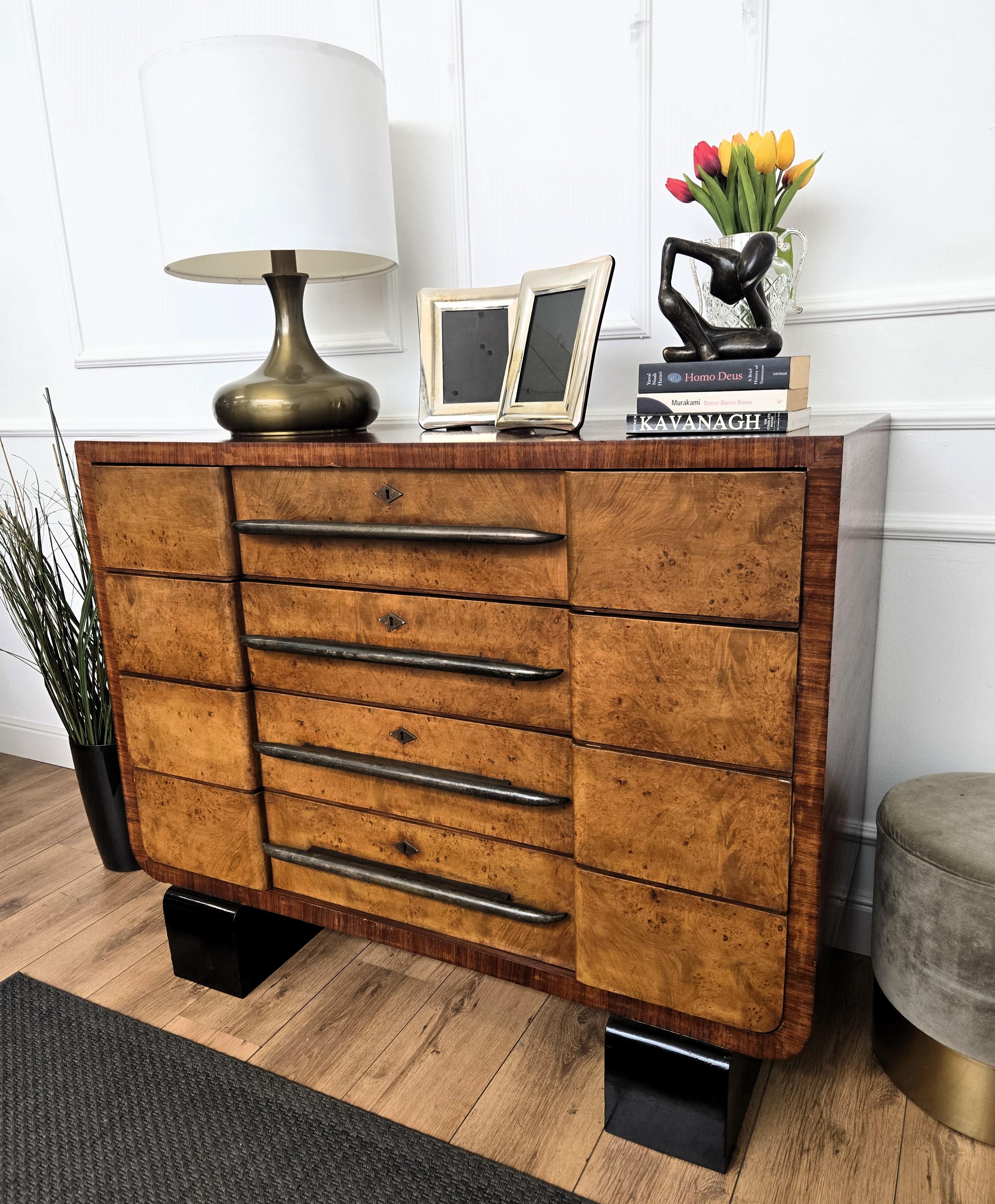 Mid-Century Modern 1940s Italian Art Deco Burl Wood Bronze Chest of Drawers Credenza Sideboard For Sale
