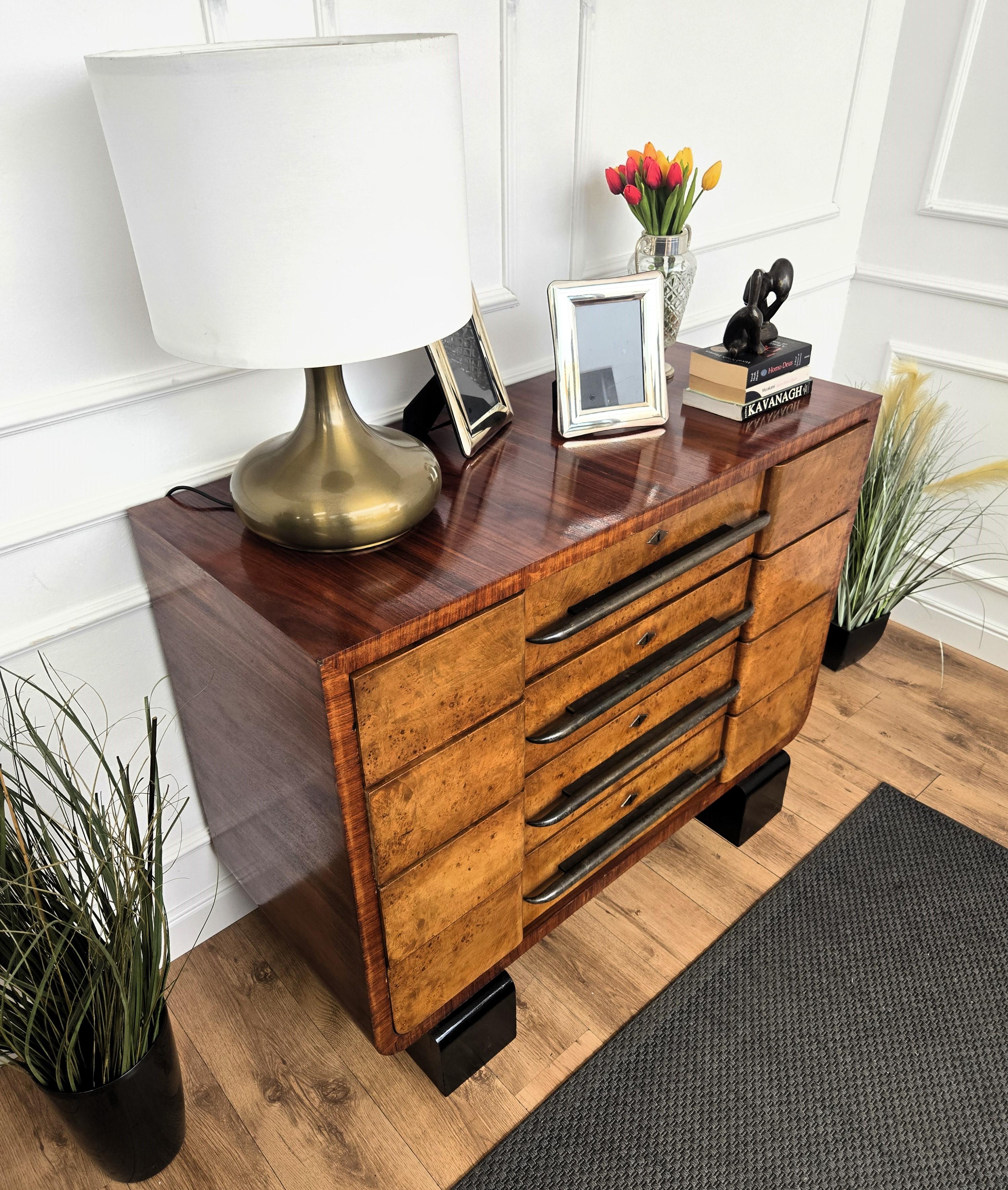 20th Century 1940s Italian Art Deco Burl Wood Bronze Chest of Drawers Credenza Sideboard For Sale