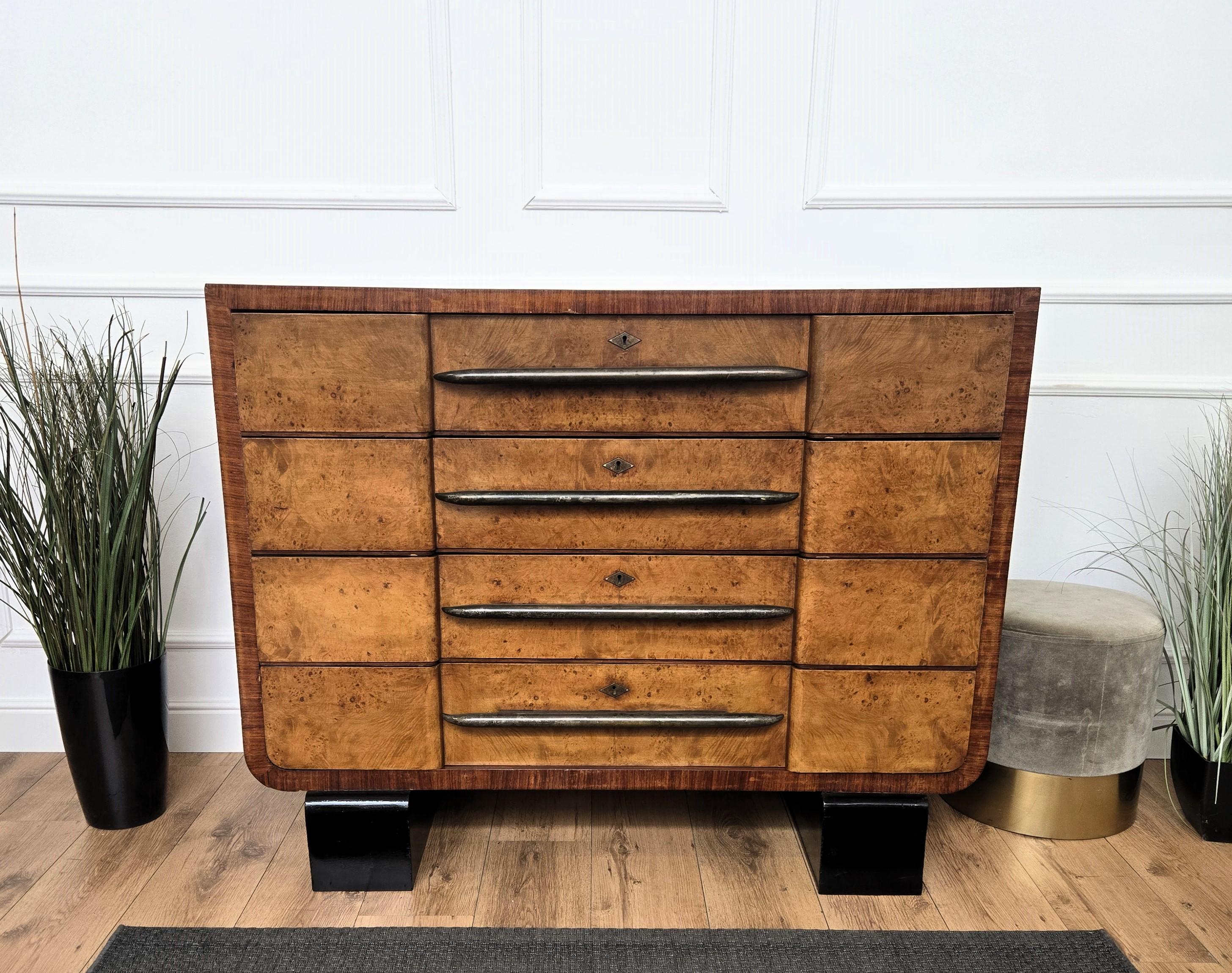 1940s Italian Art Deco Burl Wood Bronze Chest of Drawers Credenza Sideboard For Sale 1