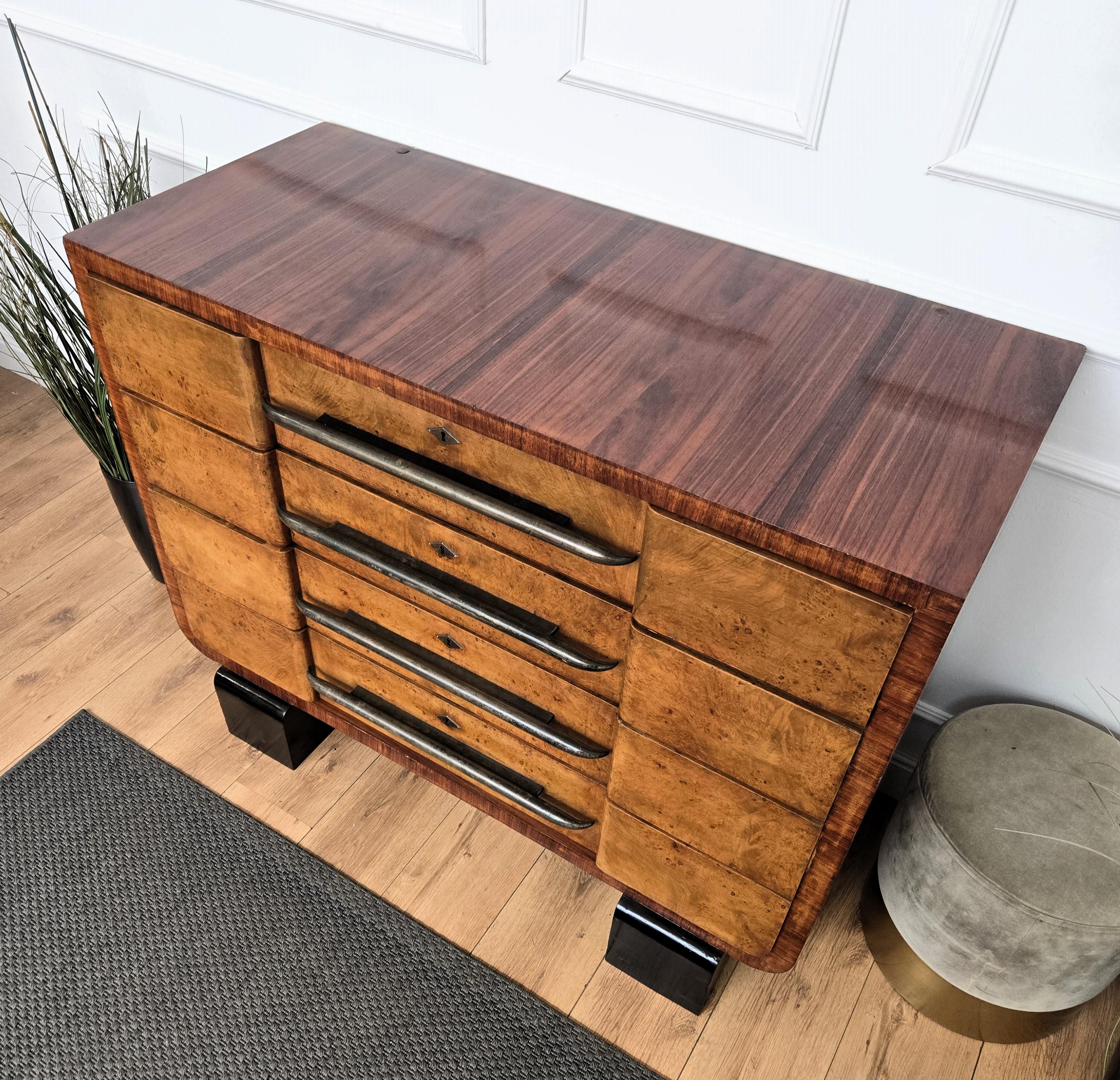 1940s Italian Art Deco Burl Wood Bronze Chest of Drawers Credenza Sideboard For Sale 3
