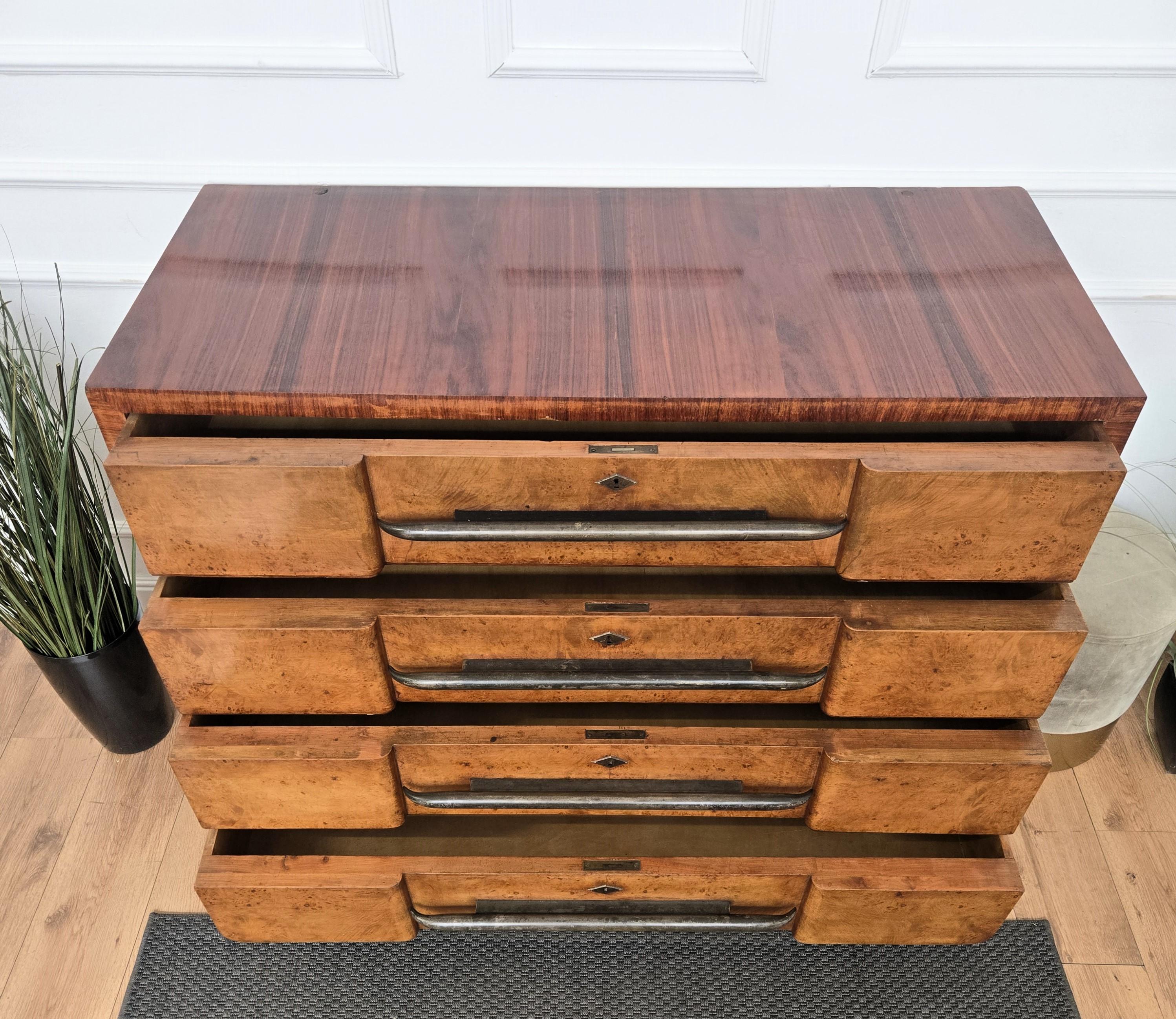 1940s Italian Art Deco Burl Wood Bronze Chest of Drawers Credenza Sideboard For Sale 4